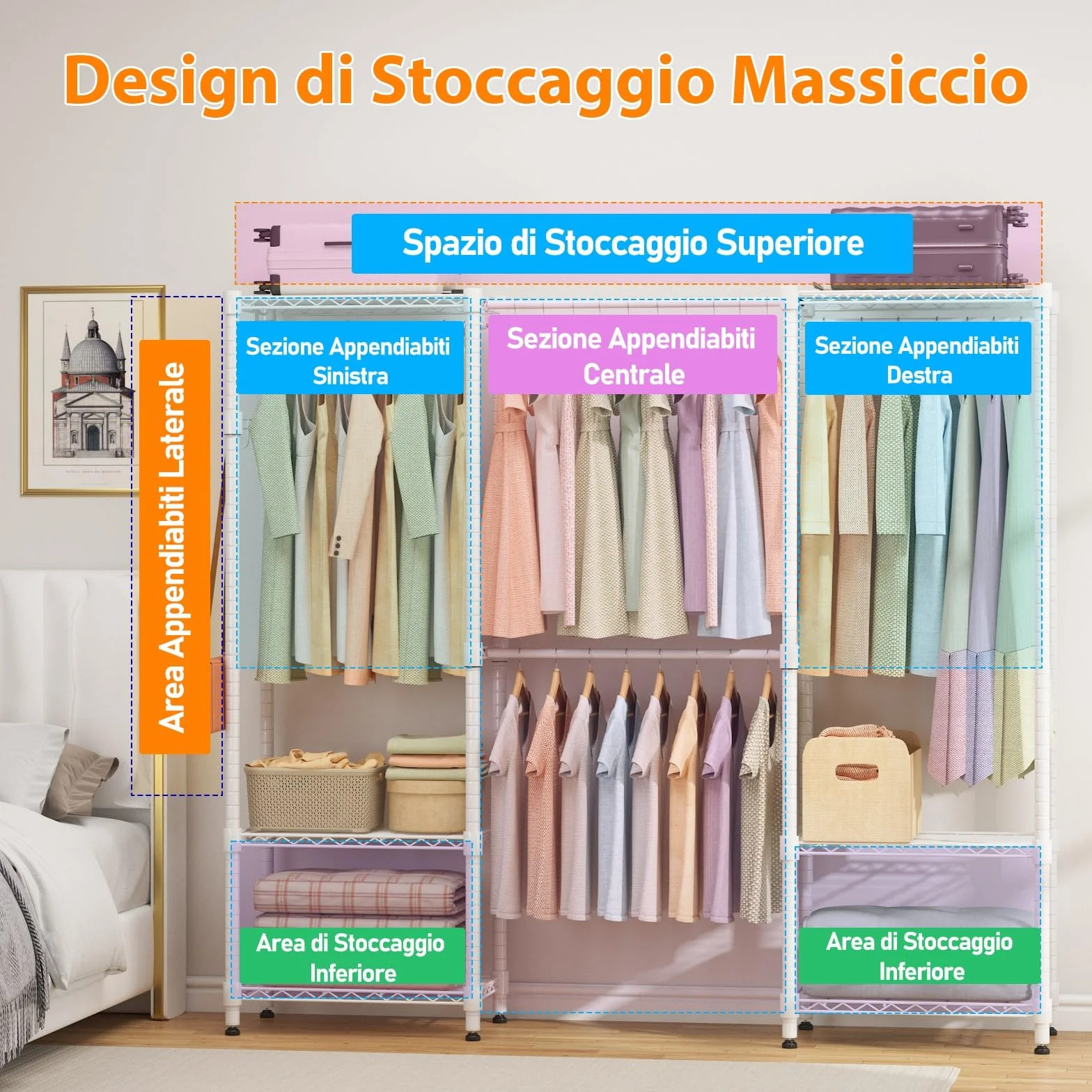 Himimi Appendiabiti telescopico 4 aste 6 ripiani metallo 1 gancio regolabile 175-230 x 180 cm bianco