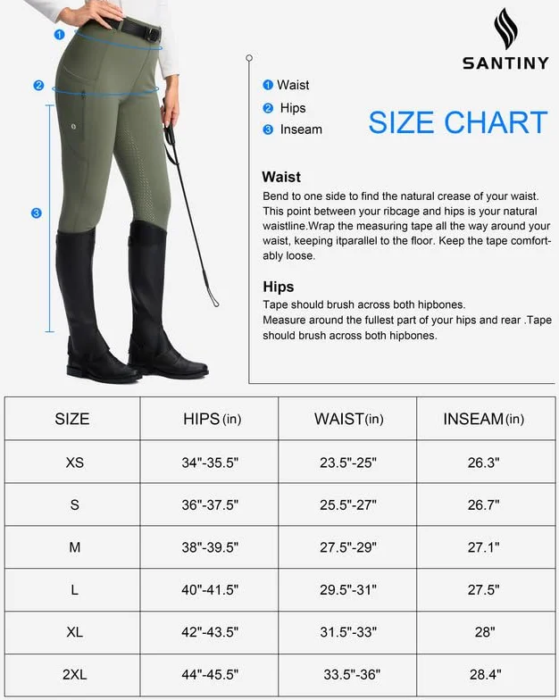 SANTINY Pantaloni da equitazione da donna con seduta intera in silicone tasche con cerniera
