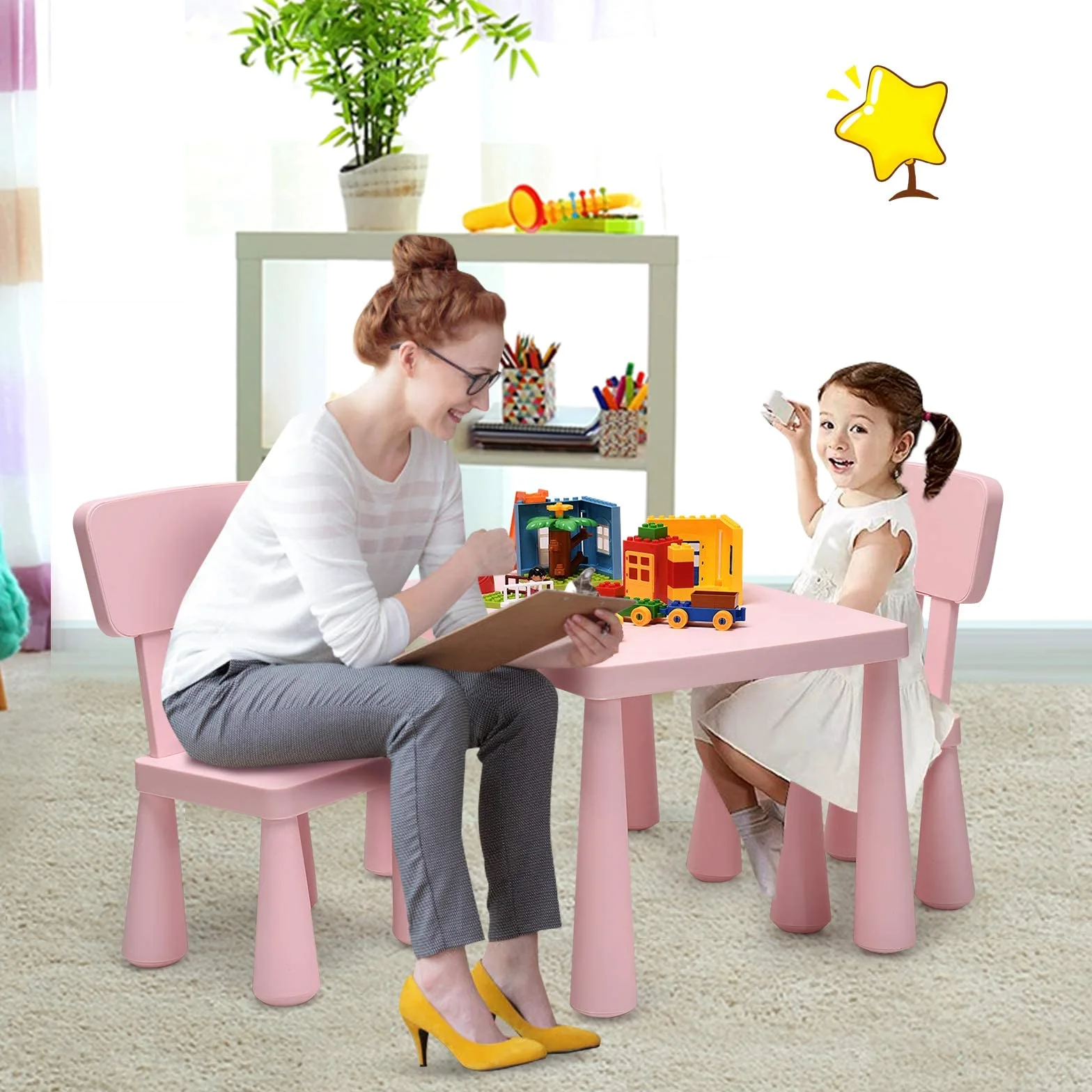 GYMAX Set Tavolino per Bambini con 2 Sedie di Plastica, Tavolino e Sedia per bambini, per Mangiare, Leggere, Dipingere, Adatto a 1-7 Anni (Rosa)