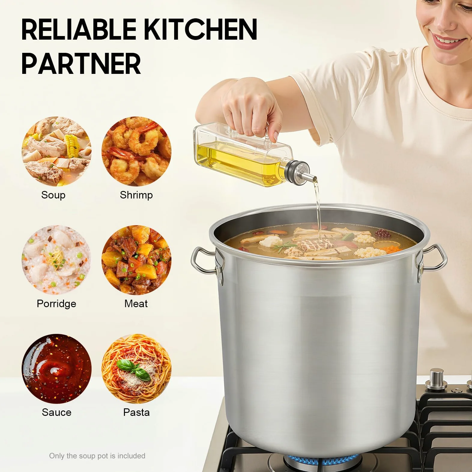 Pentola per gastronomia da 50 litri, con coperchio in acciaio inox, pentola a induzione grande con manici, per fornelli a gas, elettrici, a induzione (50 l)