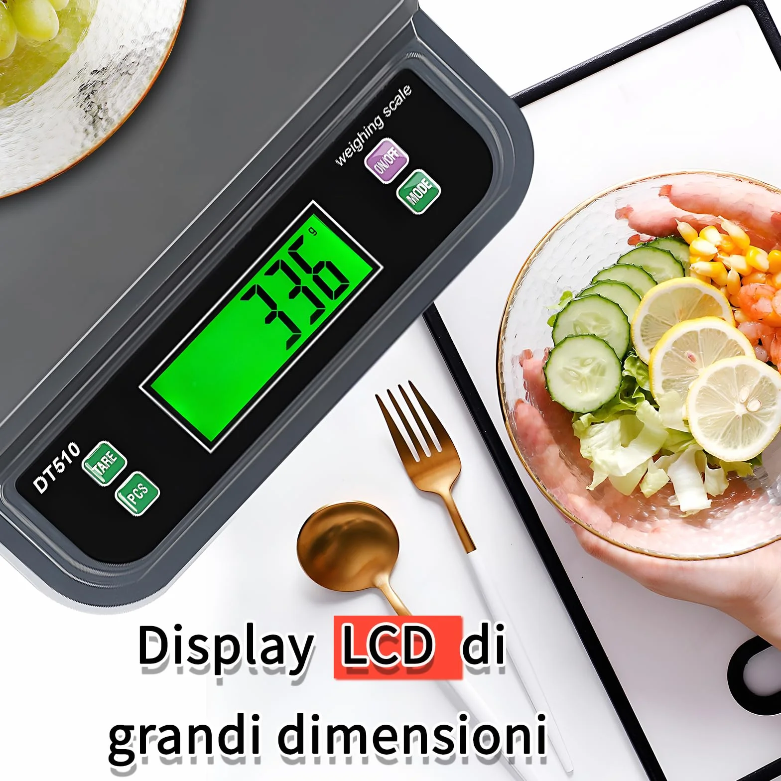 Bilancia Cucina Digitale 30kg Bilancia Professionale per Alimenti Bilancia Cucina con g,oz,lb,kg,TL,ct 6 unità con Funzione PCS e Tare Bilancia da Cucina con Display LCD E Adattatore