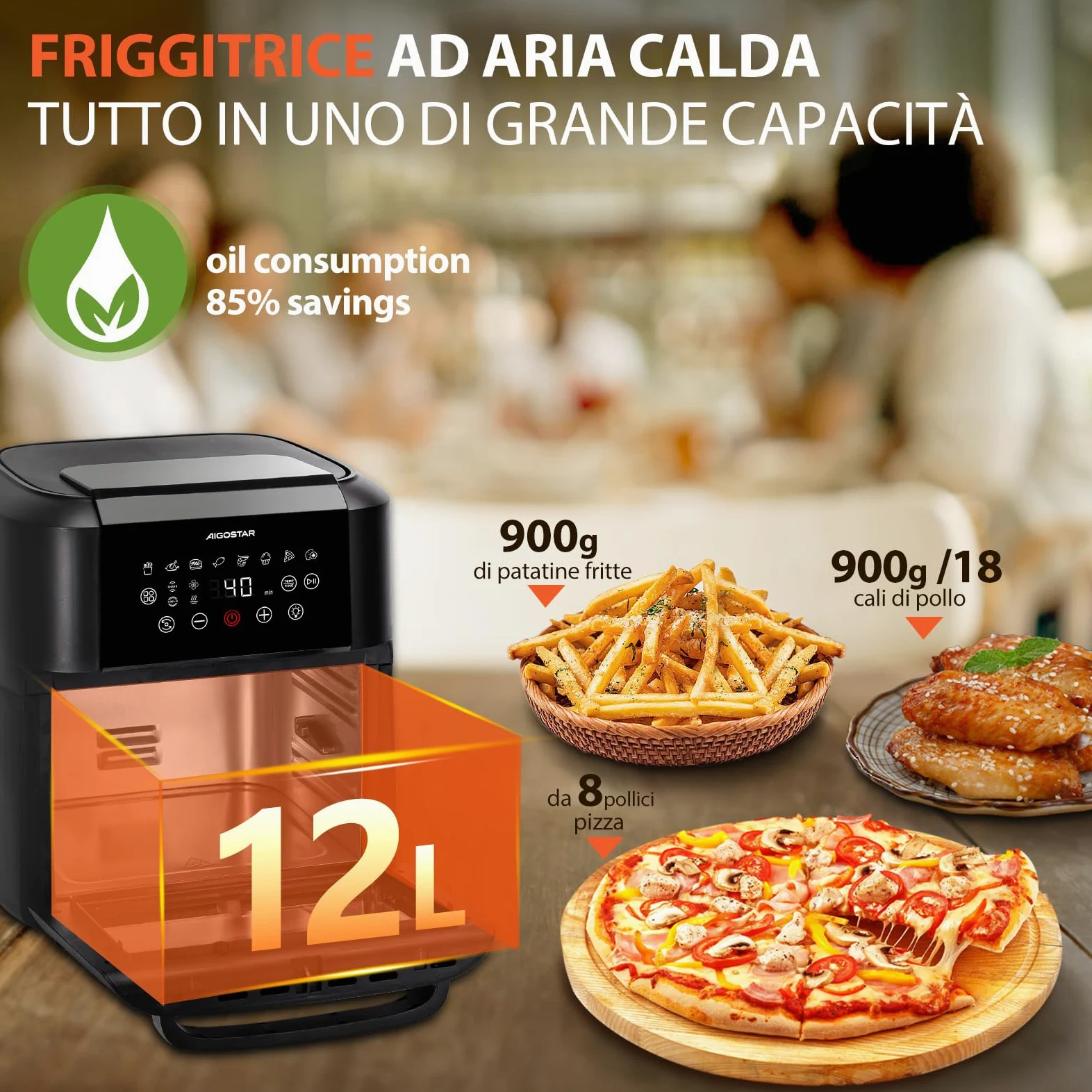 Aigostar Owen - Friggitrice ad aria da 12 litri, Forno ad aria multifunzione, 1700 W, Touch screen LED, 8 modalità preimpostate, include 7 accessori, sistema rotante, BPA FREE