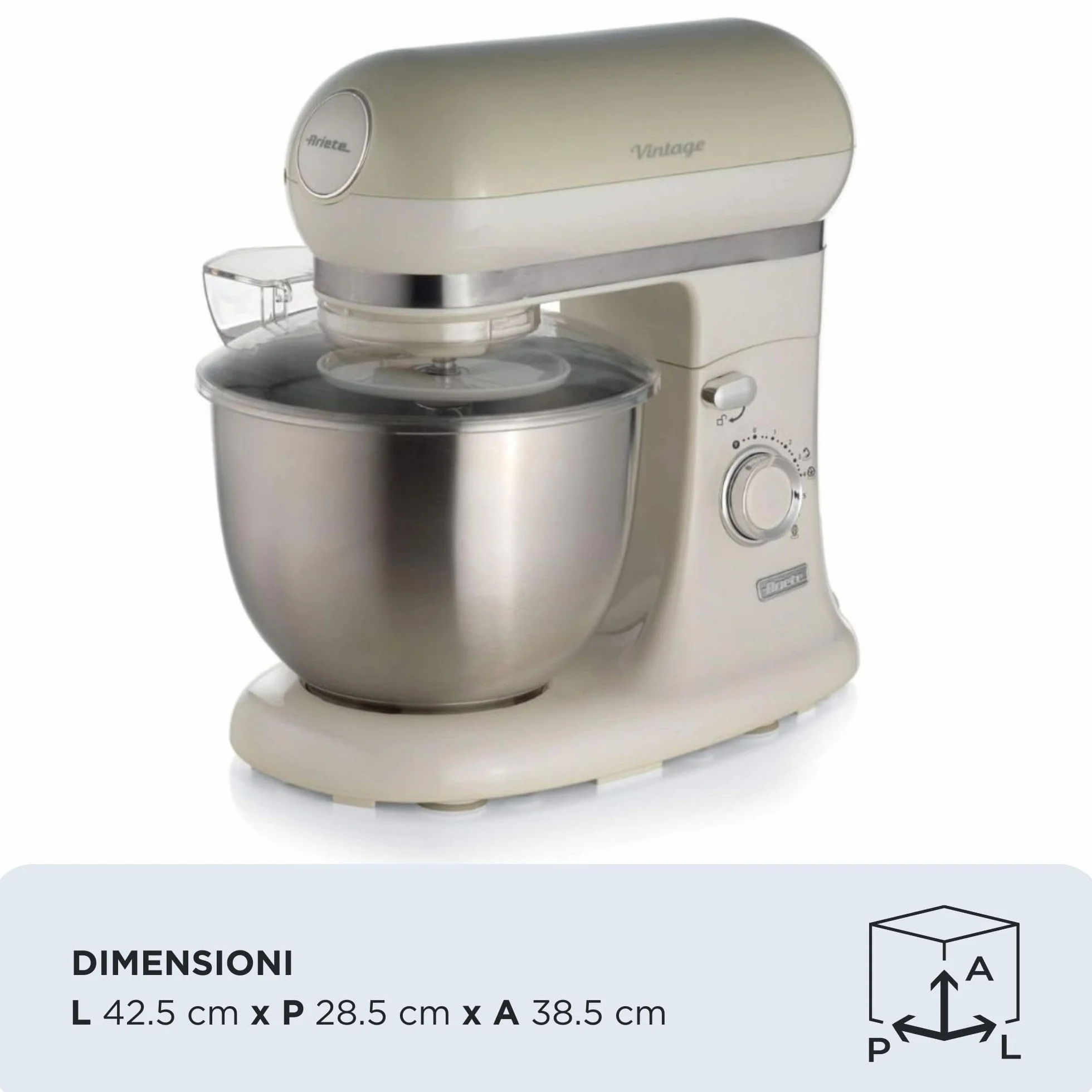 Ariete Impastatrice Vintage 1588, Planetaria per Pane, Pizza, Dolci e Pasticceria, Gancio, Frusta a Cuore e Frusta a Filo Inclusi, Capacità 5.5 Litri, 7 Velocità + Pulse, 1200W, Beige