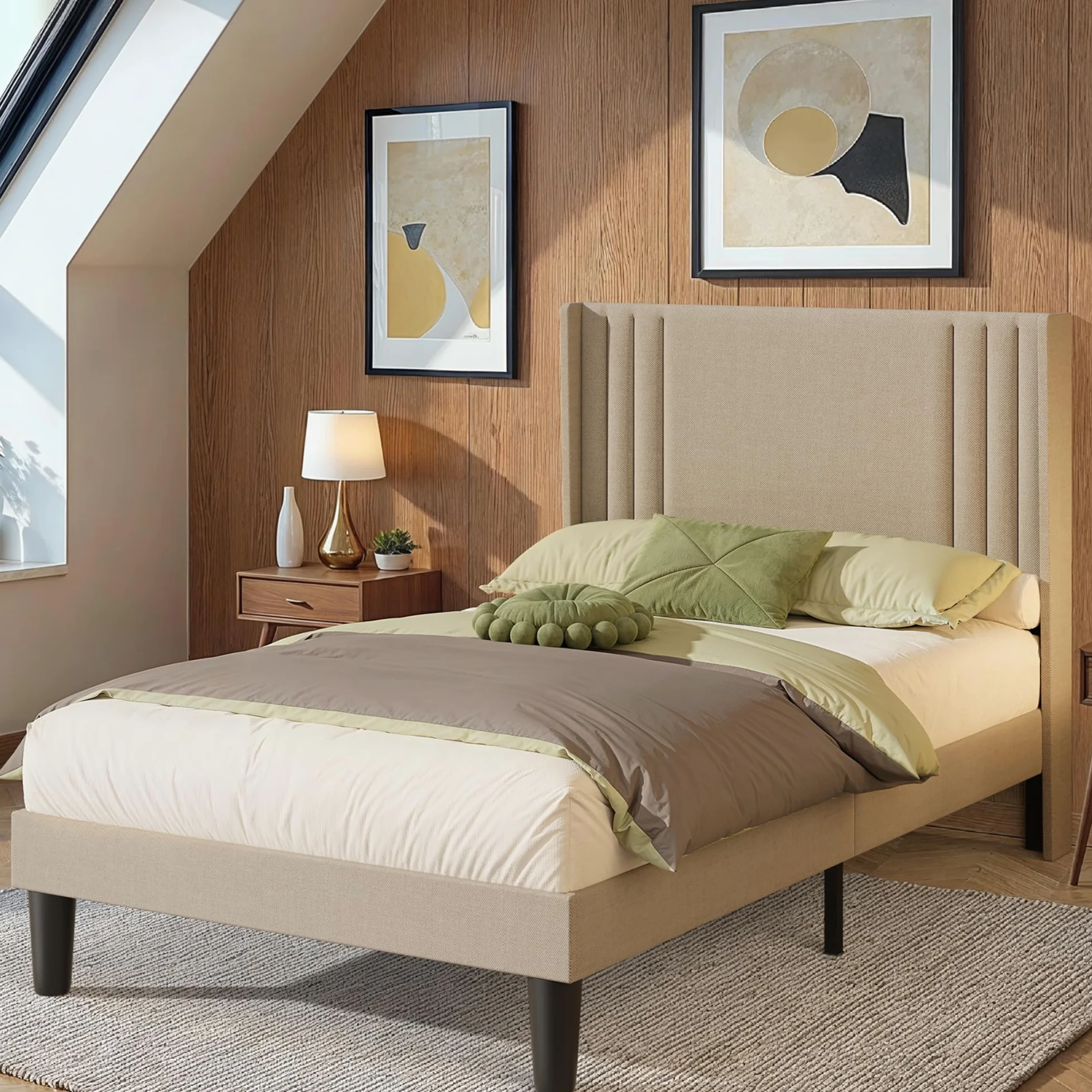 Letto imbottito 120 x 200 cm, con testiera e rete a doghe, robusto letto in tessuto per ragazzi e camere degli ospiti, struttura imbottita,Beige
