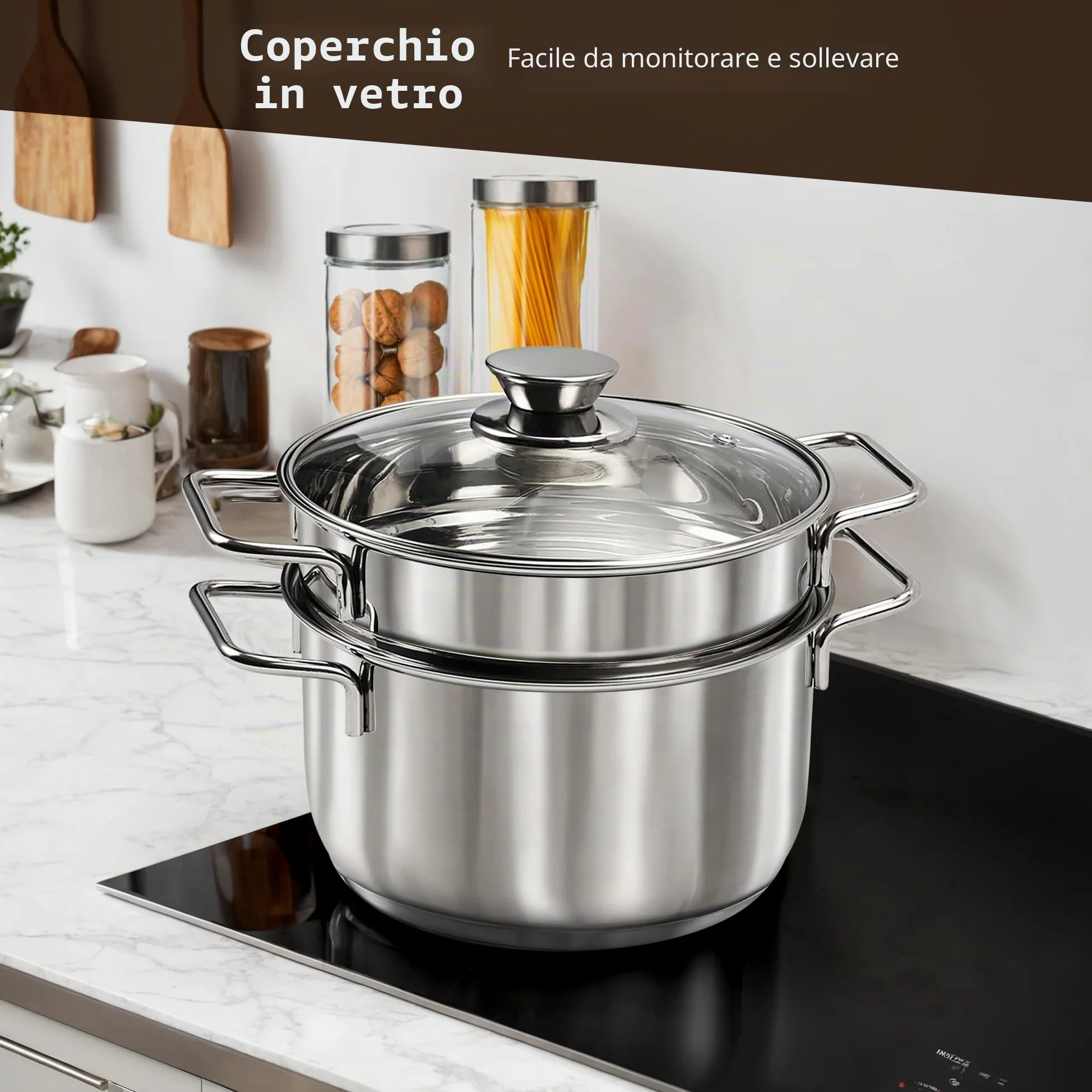 14 Pezzi Set di Pentole e Padelle in Acciaio Inossidabile, set di Pentole per Induzione, Pentole con Vapore e Coperchi in Vetro e Set di Utensili, Adatto a tutti i Fornelli