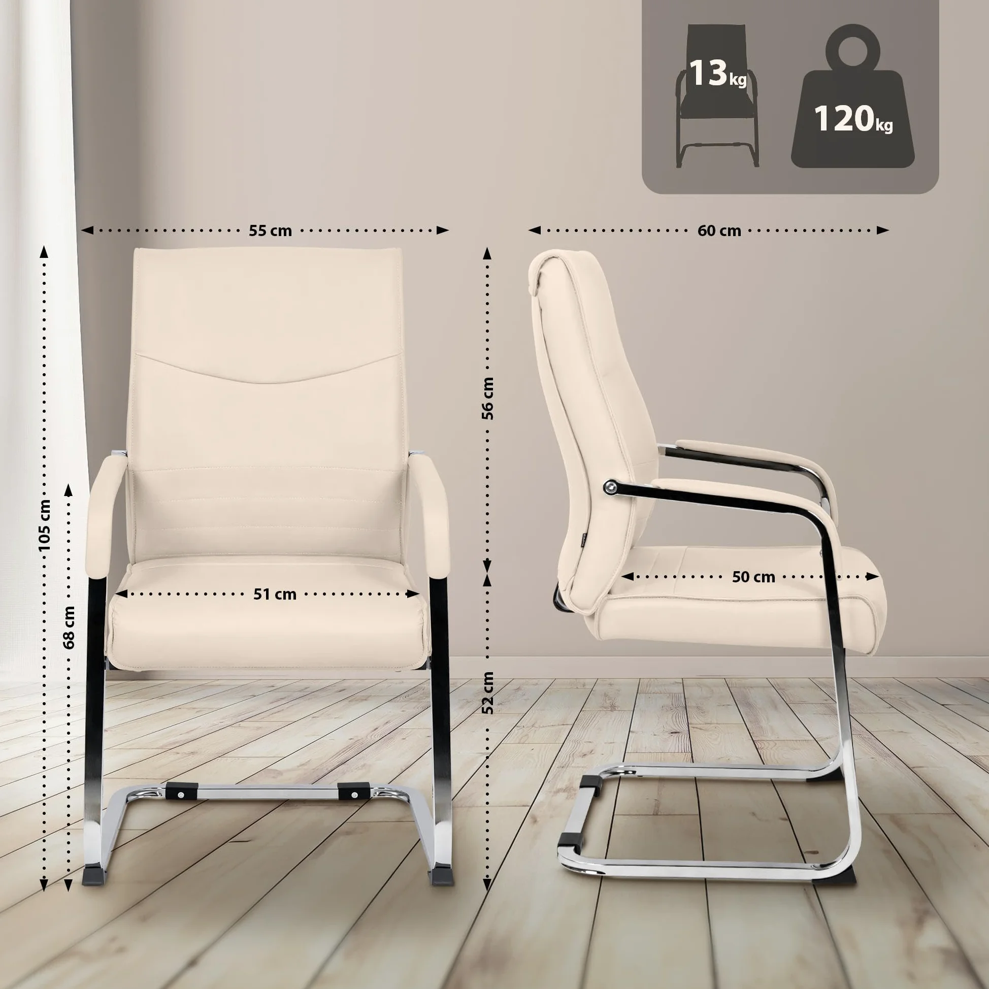 CLP Set di 2 sedie da pranzo ergonomiche Hobart, a sbalzo con braccioli imbottiti, struttura in metallo robusta, sedie da conferenza moderne, Colore:crema, Materiale:Ecopelle