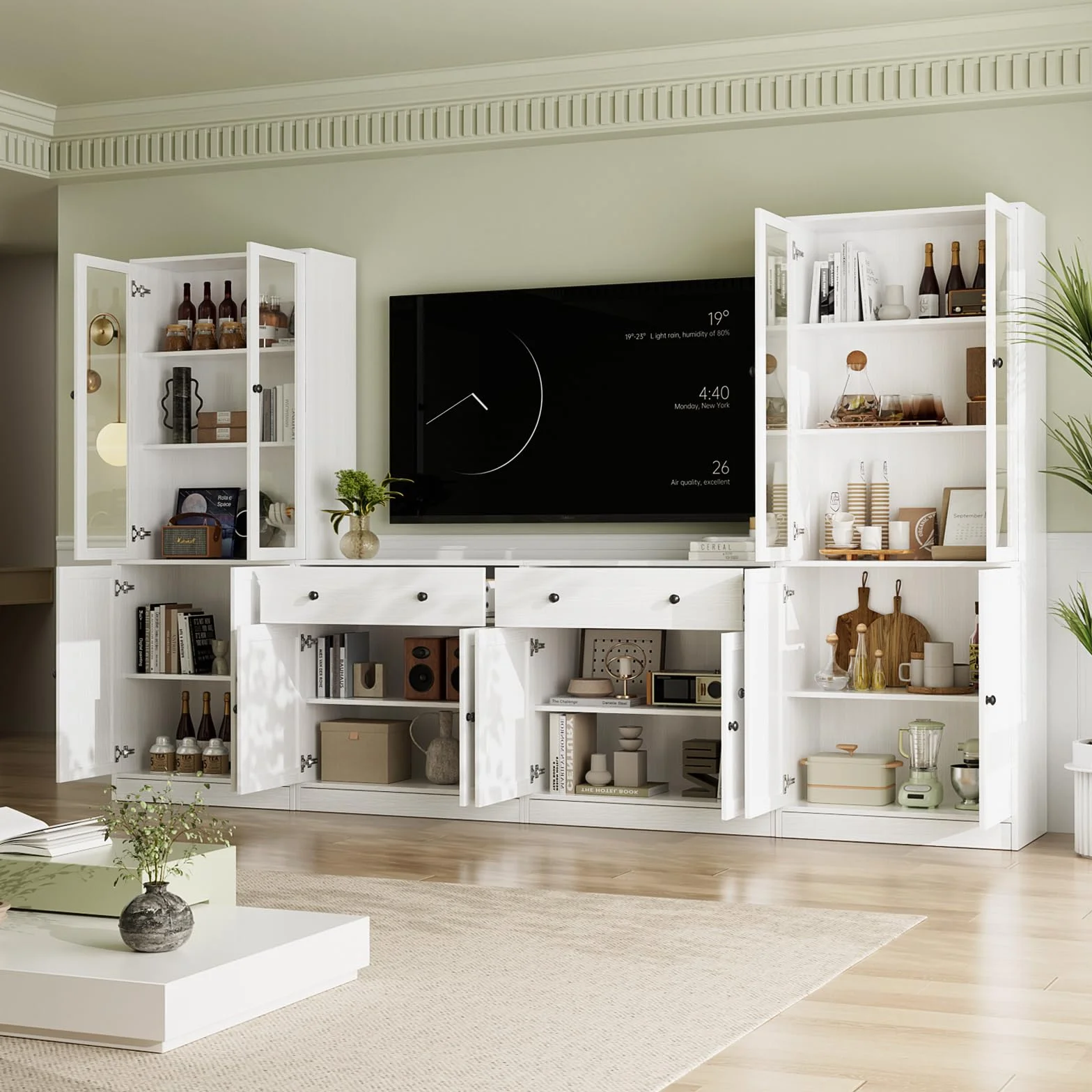 VOWNER Grande Mobile TV con Scaffali per TV fino a 75 Pollici, Mobile TV Soggiorno 180 cm，Centro di Intrattenimento, Mobile Porta TV Combinabile con Libreria per Soggiorno, 2B+2C (Bianco)