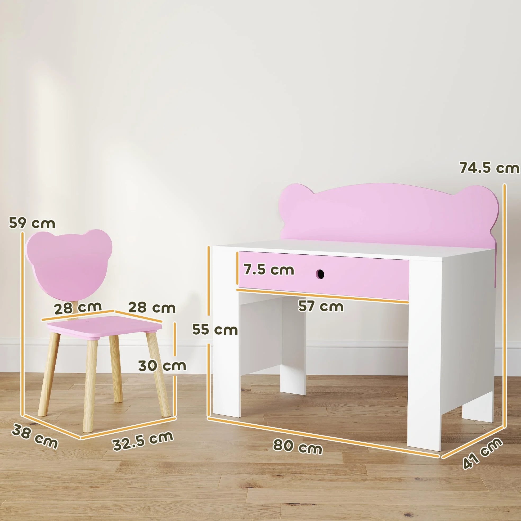AIYAPLAY Set Scrivania per Bambini con Sedia, Tavolo da Studio con Cassetto, Schienale a Forma di Orsetto, Età 3-8 Anni, Rosa
