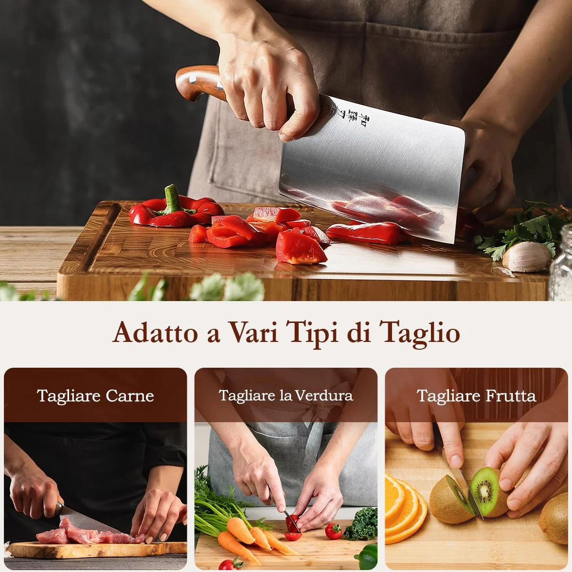 HEZHEN 18cm Mannaia per Carne, Coltello da Chef Cinese, Coltello da Cucina Multifunzionale, Manico in Redwood