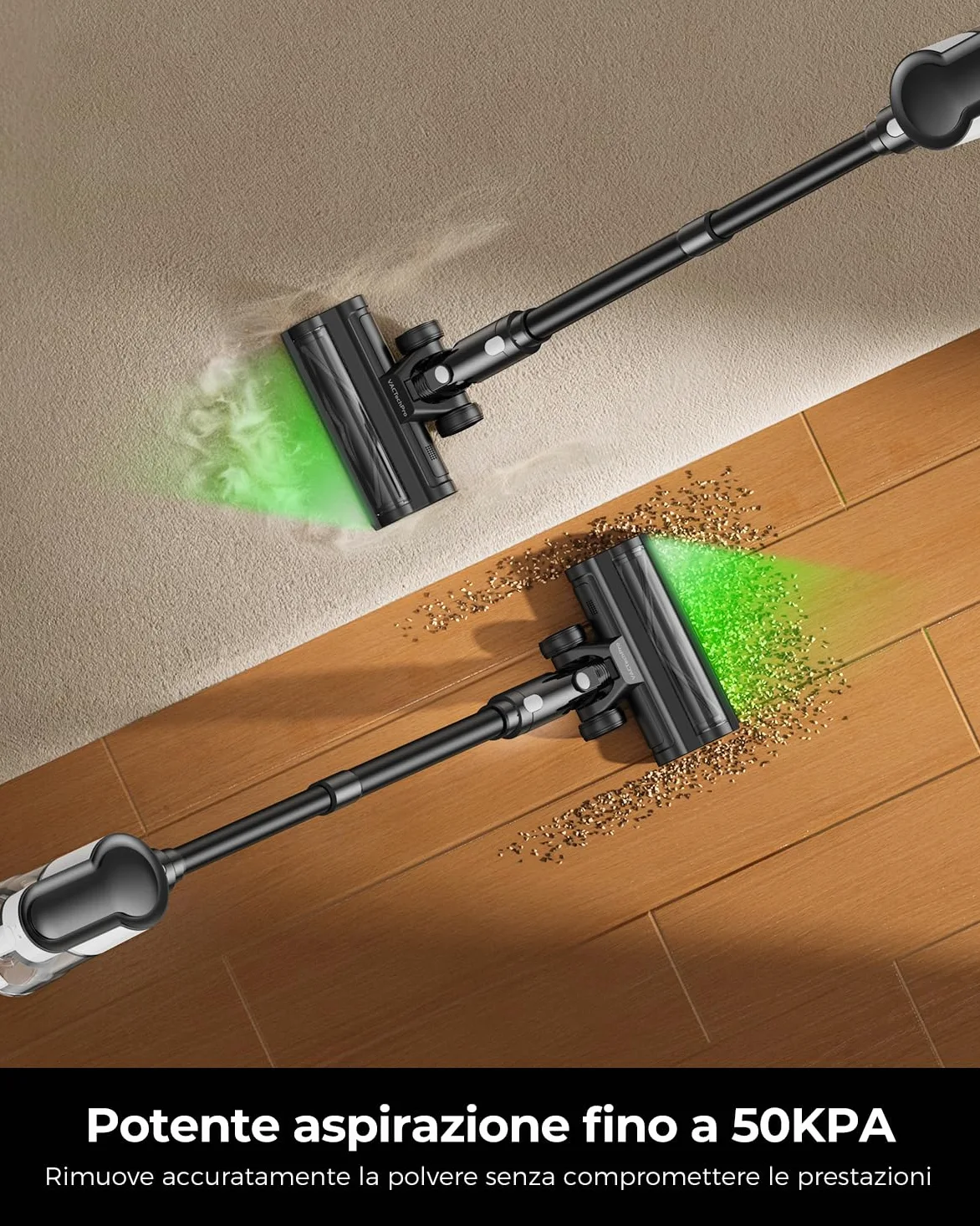 VACTechPro 550W/50Min/50KPA Aspirapolvere Senza Fili F02 Lite, Scopa Elettrica Senza Fili con Sistema di Filtraggio a 8 Strati, Aspirapolvere Senza Fili Potente per Pavimenti/Tappeti, Bianco E Nero