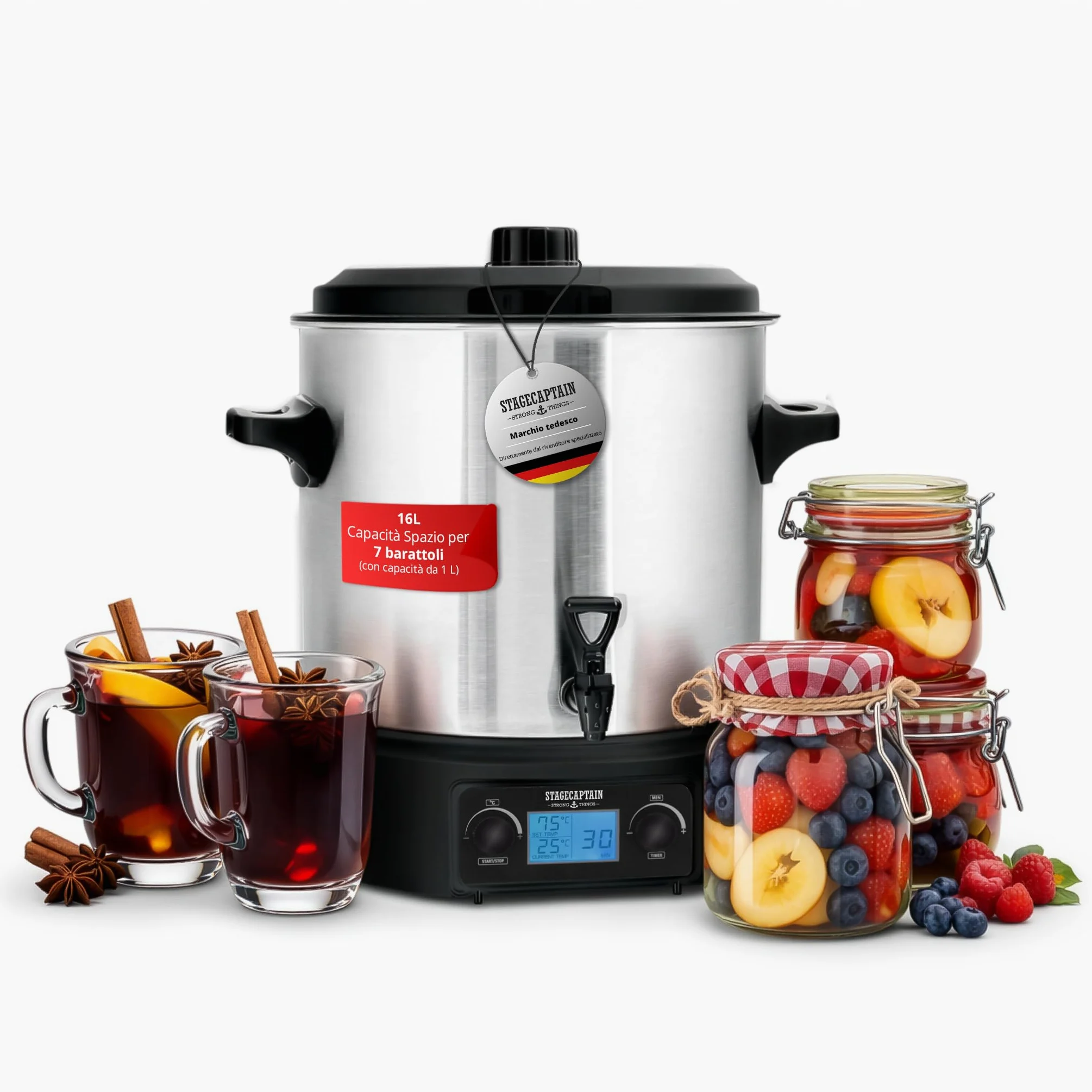 Stagecaptain GWK27D Scaldavino 27 L per vin brulé, bevande calde, marmellate, frutta e zuppe — 2000 W, acciaio inox, regolatore temperatura, timer, spegnimento automatico, display LCD