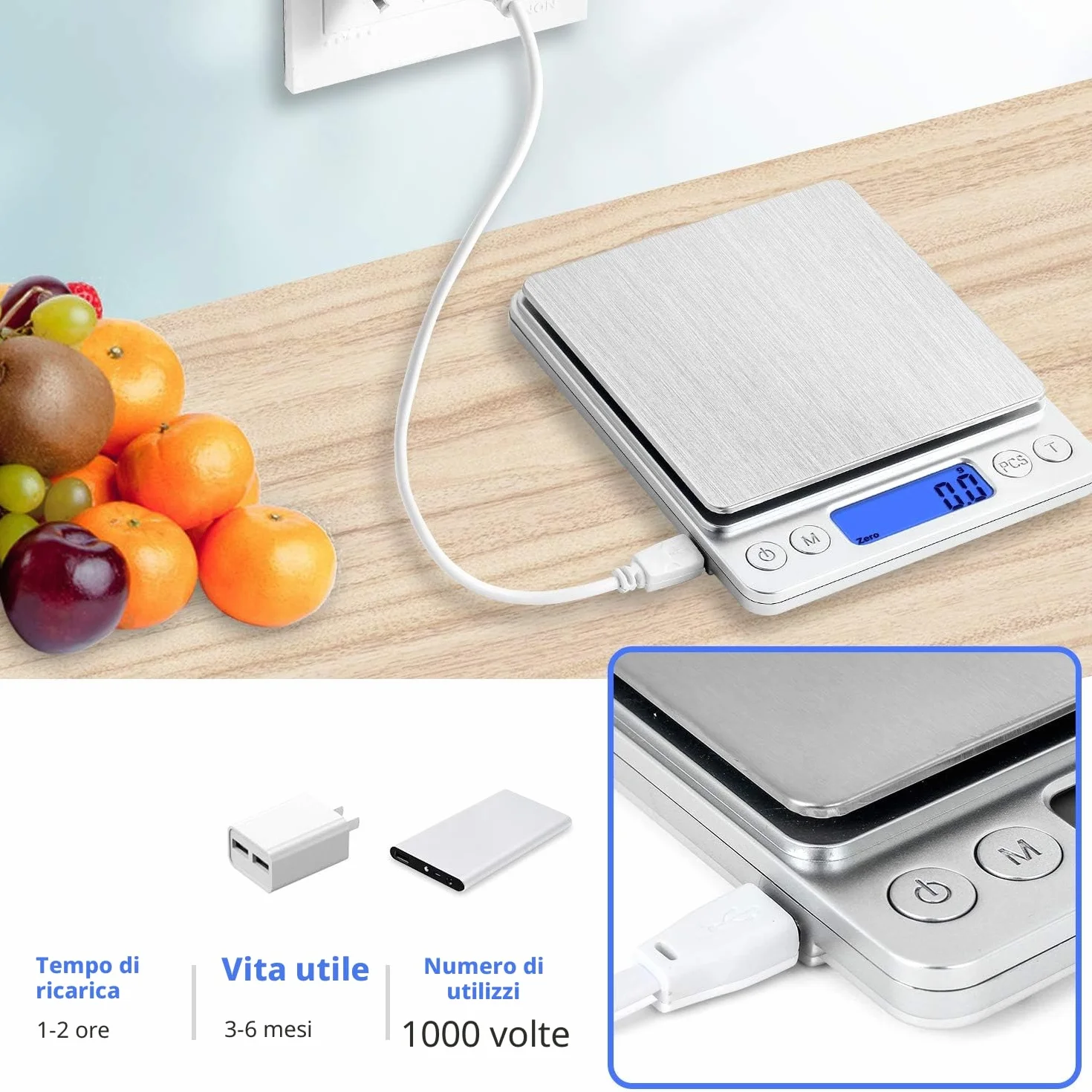Digitale Bilancia da cucina, ricarica USB, piccola mini bilancia da 3 kg / 0,1 g, bilancia elettrica da cucina, impermeabile, ricaricabile tramite USB, in acciaio inox, per ingredienti gioielli caffè