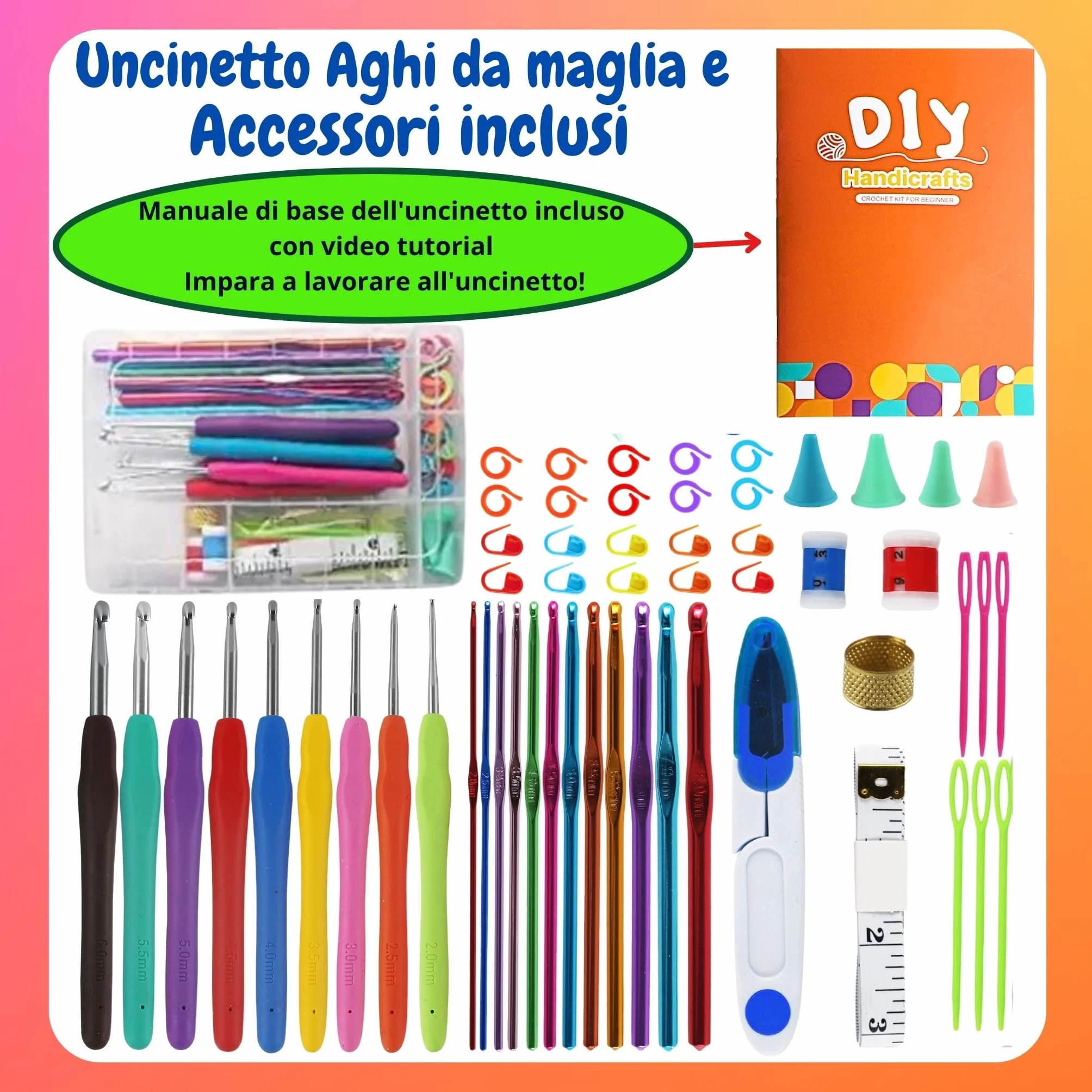 Set Uncinetto Completo 73 Pezzi Kit Uncinetto Principianti Amigurumi - Gomitoli Cotone, Aghi, Accessori, Manuale, Borsa