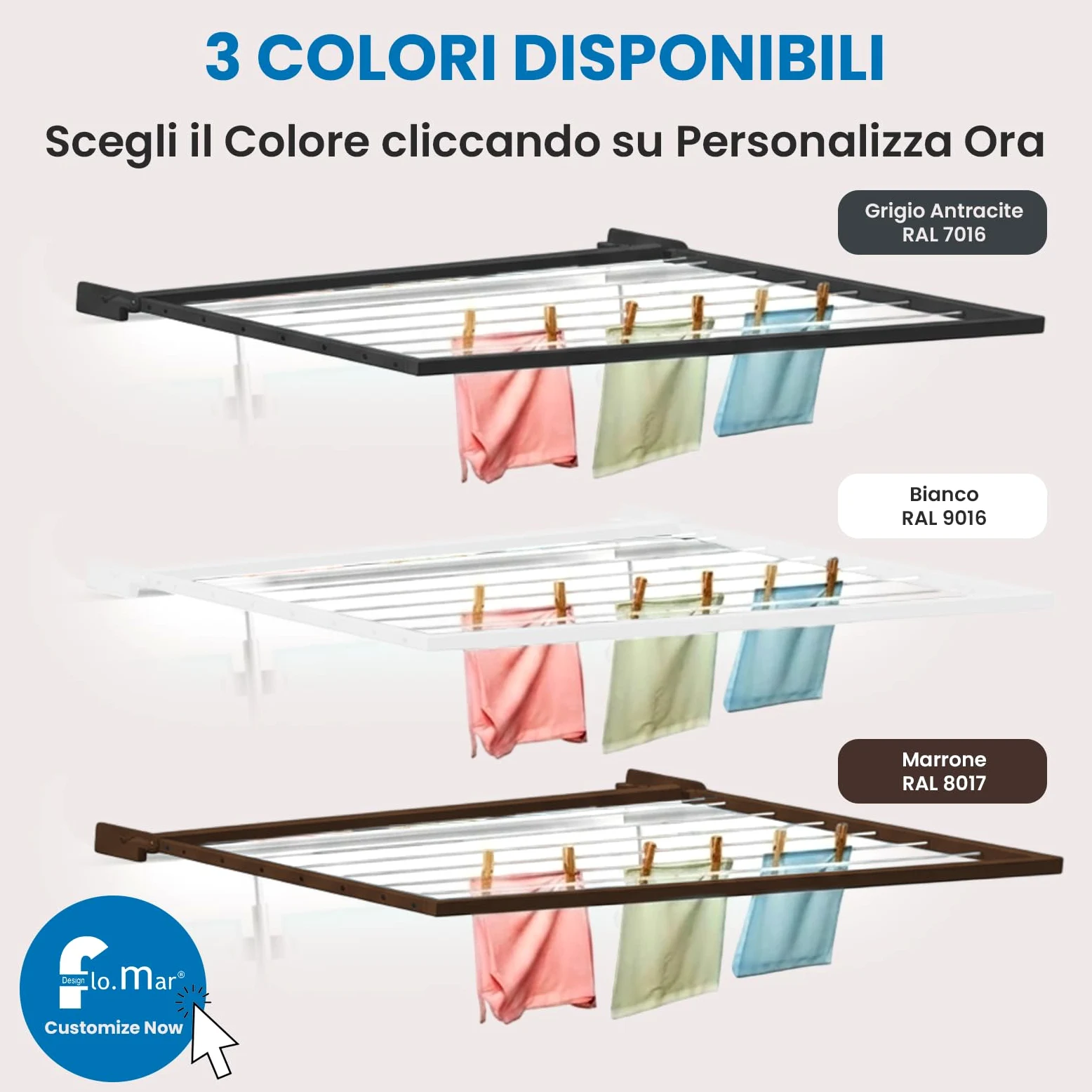 Flo.mar Stendino da Balcone e Parete 150x70 cm - Kit Montaggio Incluso - Stendibiancheria da Esterno Ribaltabile e Salvaspazio in Alluminio - 8 Cavi in Nylon - Stendipanni a Scomparsa (Flip)