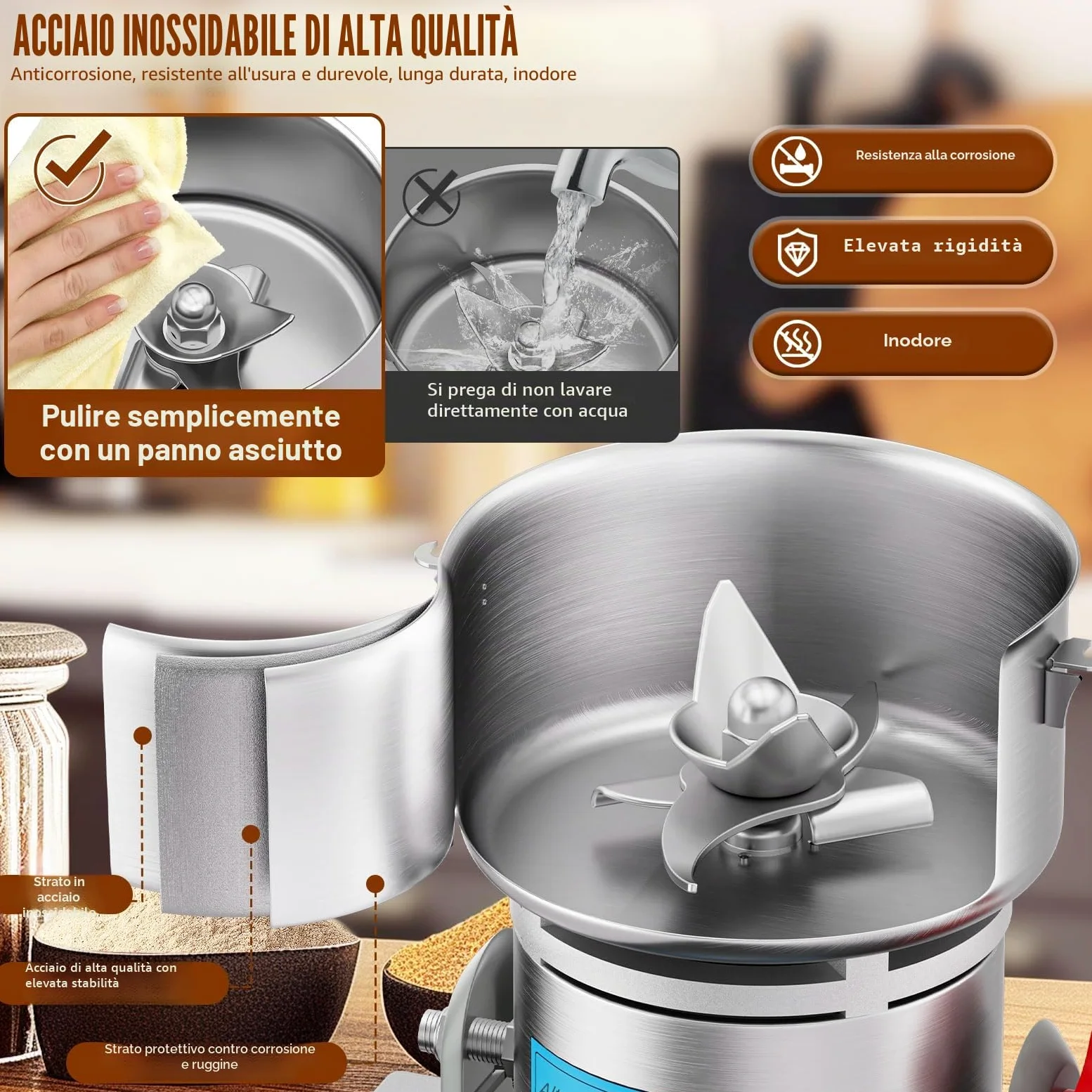 Mulino elettrico per grano da 1000 g, frantoio per grano 3000 W ad alta velocità, macchina per polvere commerciale con protezione da sovraccarico per cereali secchi, riso, chicchi di mais