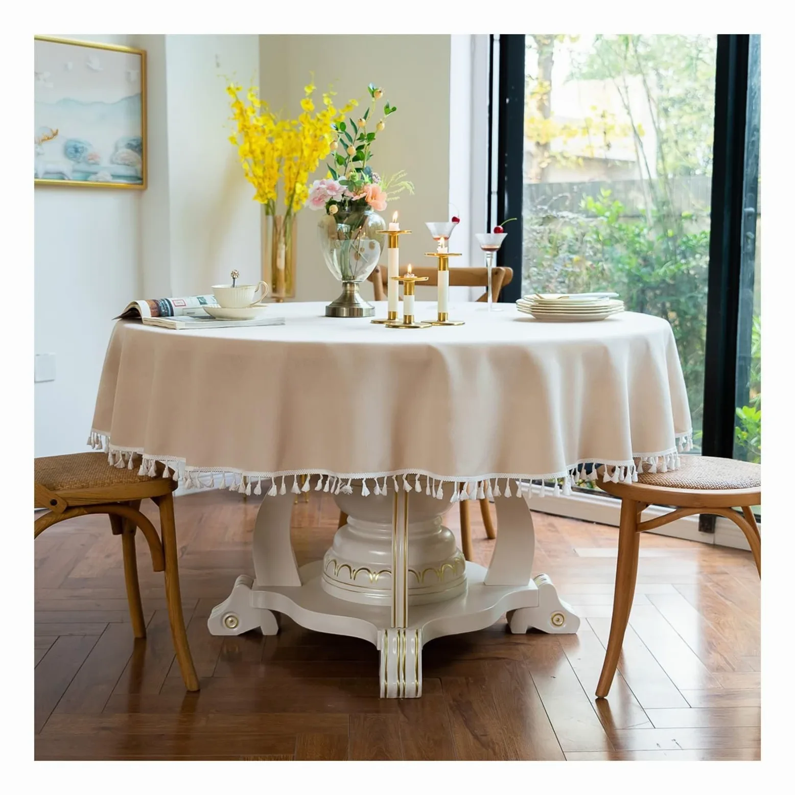 Tovaglia in cotone e lino con nappe, impermeabile e antimacchia, perfetta per uso esterno e interno, elegante colore beige, 160 cm, copertura quadrata per tavolo da pranzo