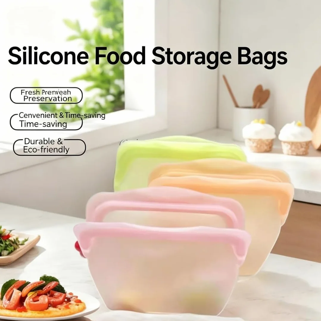 Sacchetto alimentare riutilizzabile in silicone, contenitore autoportante anti-perditaare riutilizzabile in silicone, contenitore autoportante anti-perdita per freezer, microonde (ABCD)