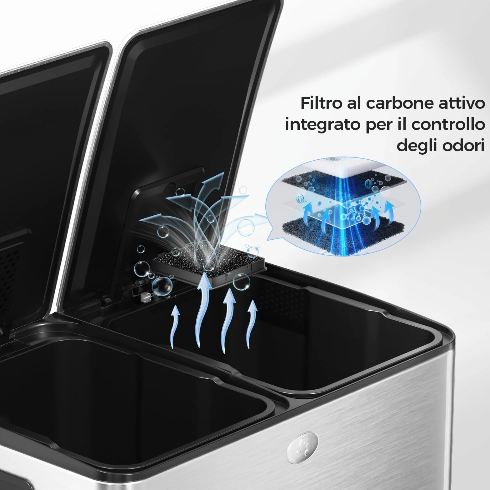 YASHE Pattumiera a Doppio Scomparto con Coperchio, 2x30L Pattumiera Differenziata per Cucina, Pedale con 20 Sacchetti, Secchi Interni Rimovibili, Soft-Close e 2 Filtri al Carbone
