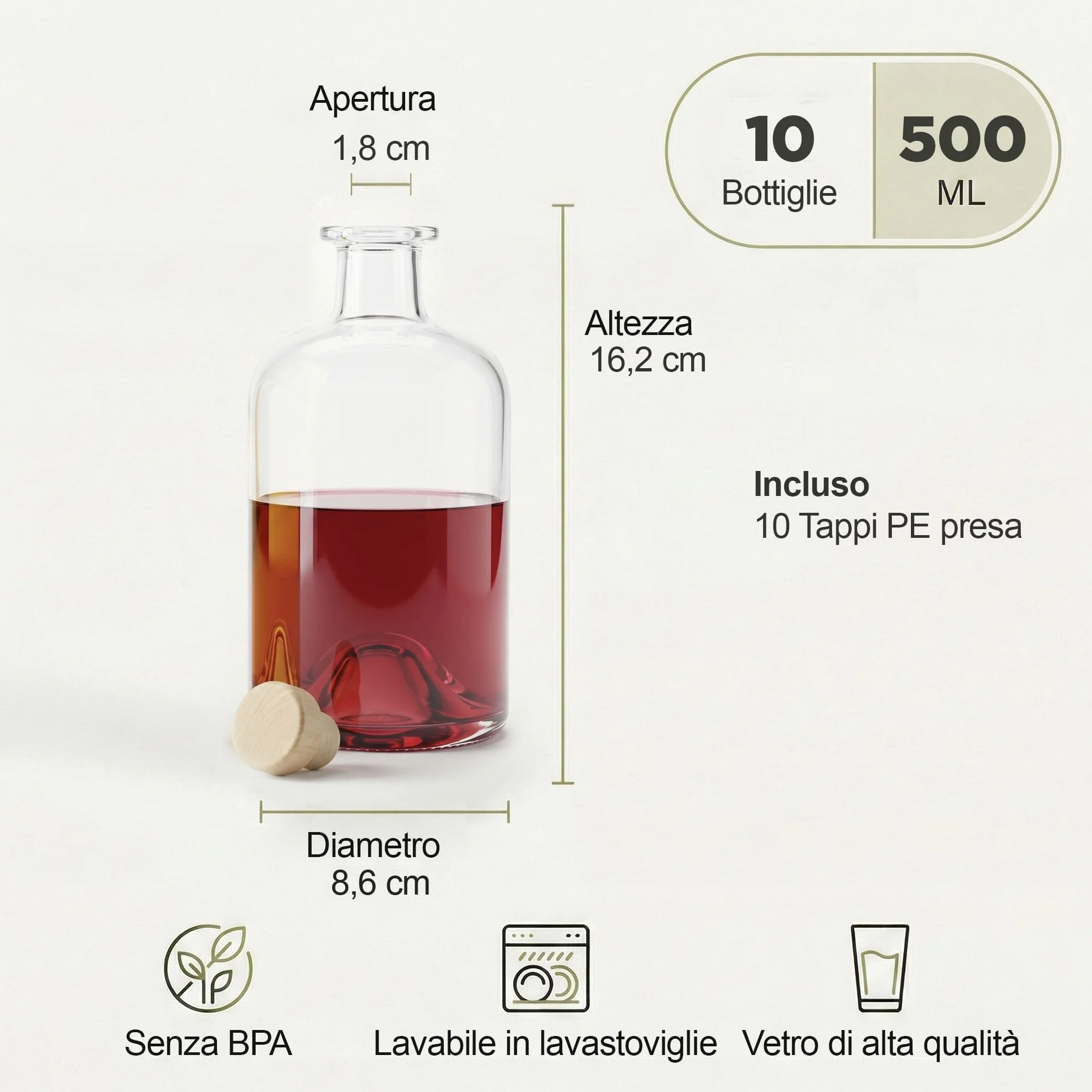 Bottiglie di vetro vuote 500 ml 10 pezzi bianco per vino liquori aceto olio