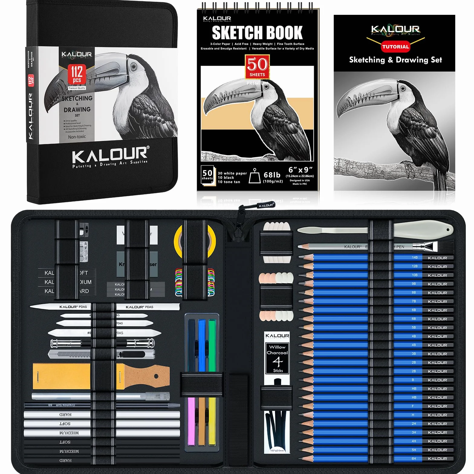 KALOUR PDAS 112 Set da disegno con quaderno da disegno a 3 colori, matite in grafite e carboncino, kit artistico per artisti, adulti, adolescenti e principianti, ideale per ombreggiare e sfumare