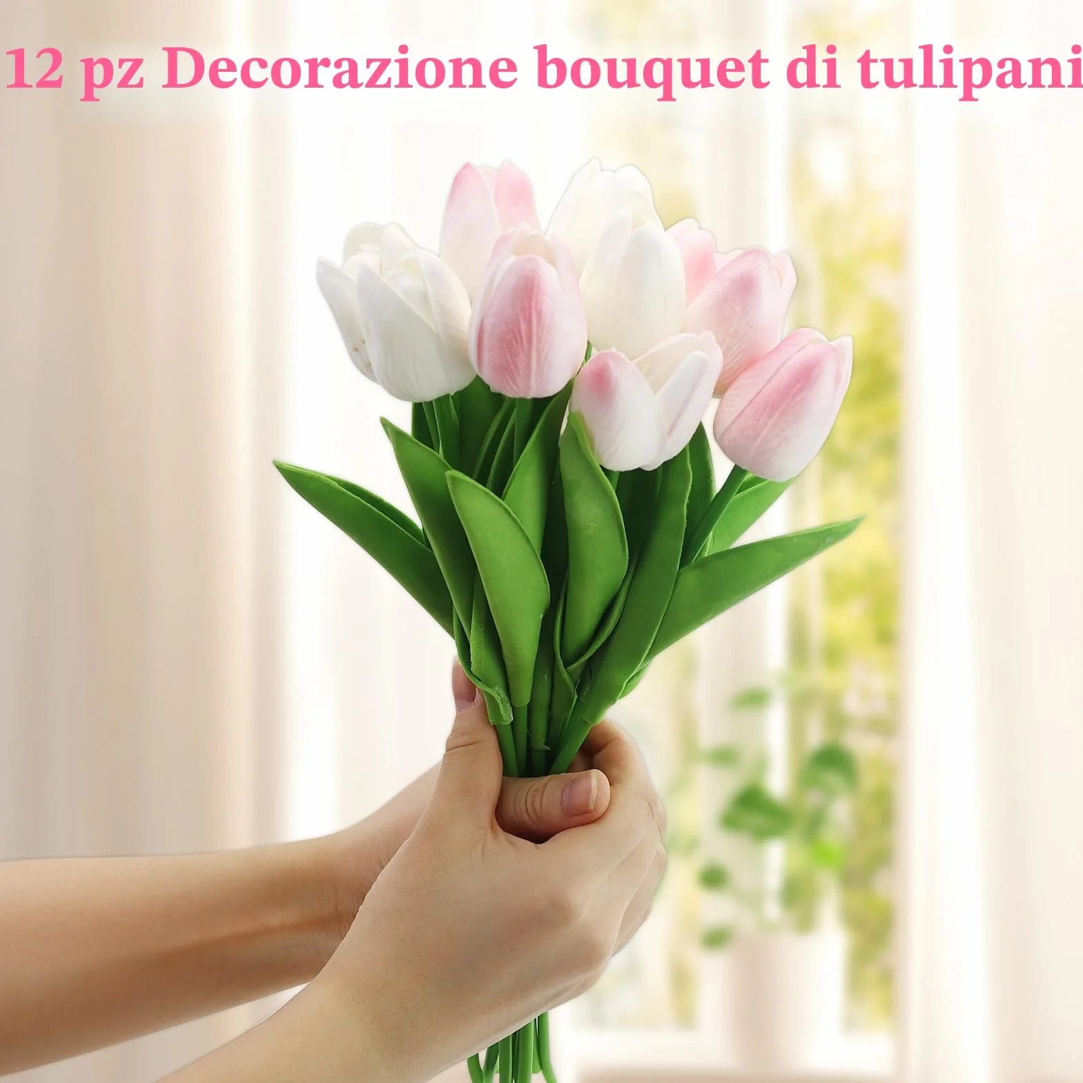 Tulipani Artificiali in Lattice Bianco e Rosa 12 Pezzi per Matrimonio Bouquet