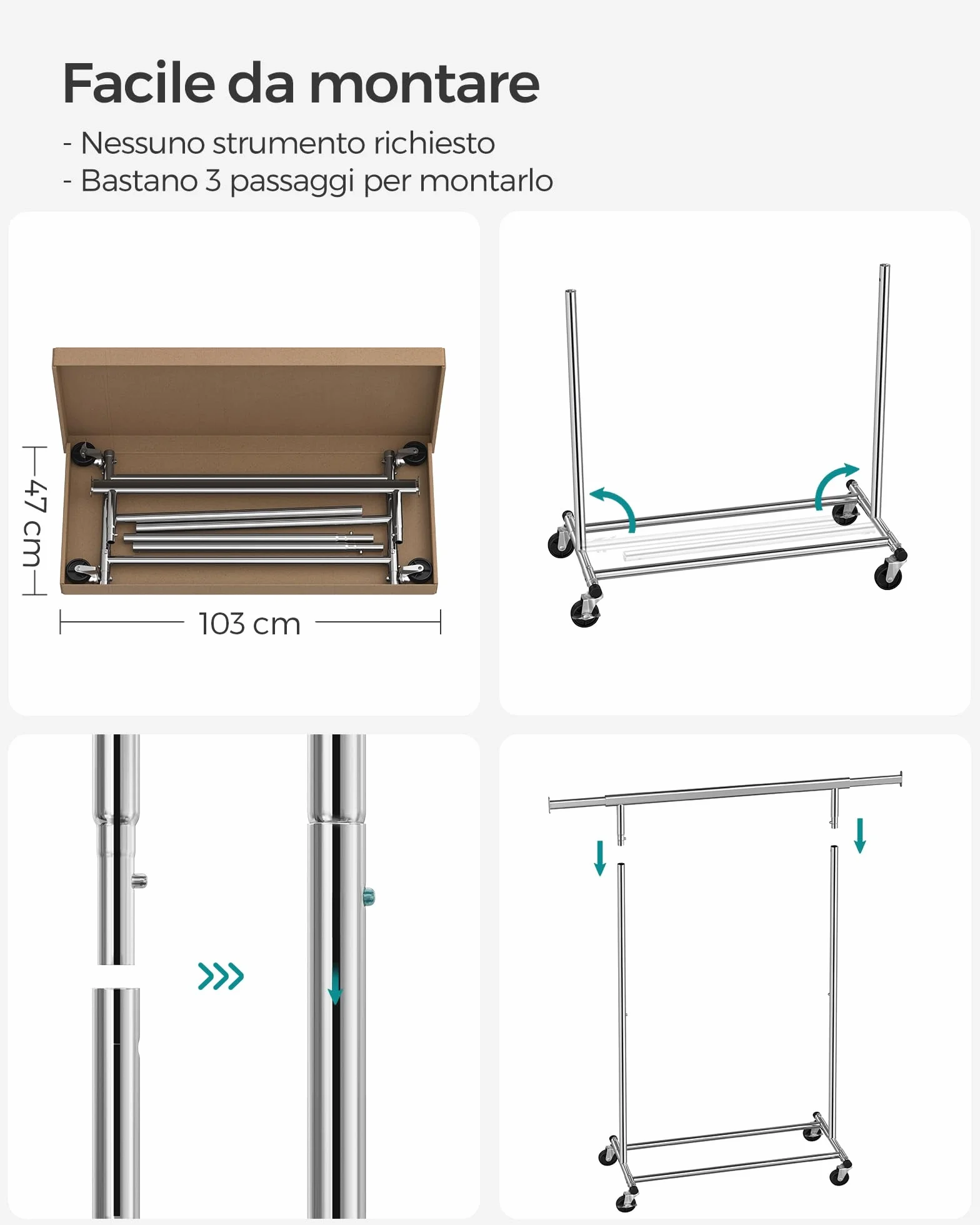 SONGMICS Stand Appendiabiti con Ruote, Estensibile, Portata 100 kg, 45 x 92-132 x 161,5 cm, Argento HSR13S