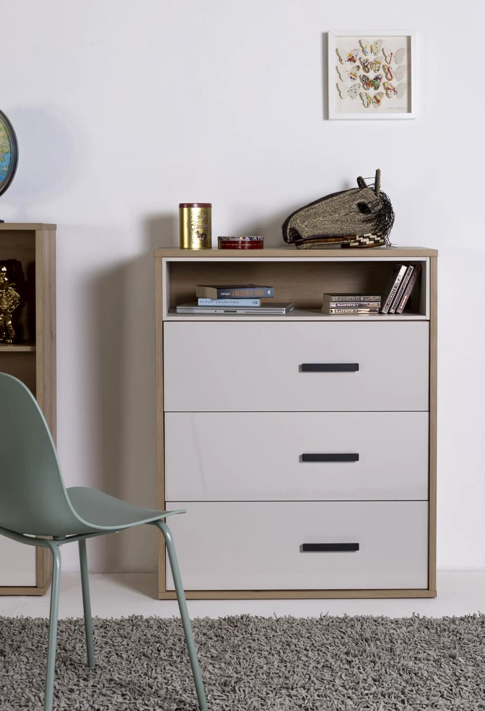 Composad | Cassettiera della Linea MIPIACE con 3 Cassetti per Cameretta, Mobile Contenitore per Bambini e Ragazzi, (LxAxP):89,3x112,1x40,5 cm, Rovere Mielato e Grigio Cashmere Laccato, Made In Italy