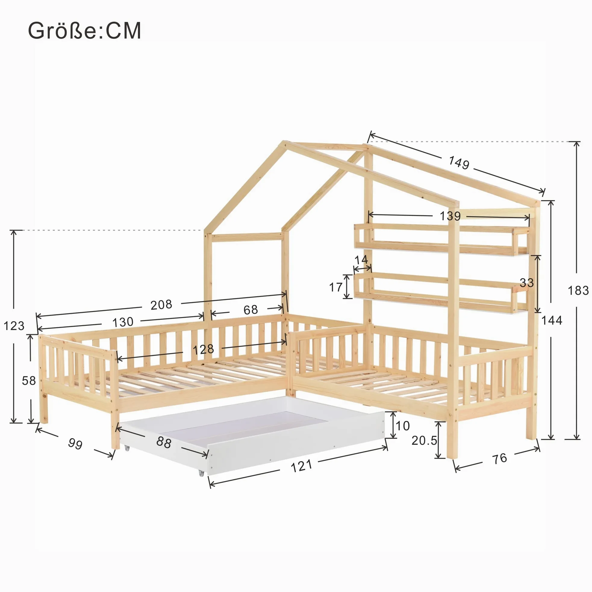 Letto a Forma di Casa per 2 Bambini 90x200 cm E 140x70 cm, Letto Matrimoniale con Cassetti e Ripiani, Legno Massello con Rete e doghe, Struttura a L, per Ragazzi e Ragazze, Naturale
