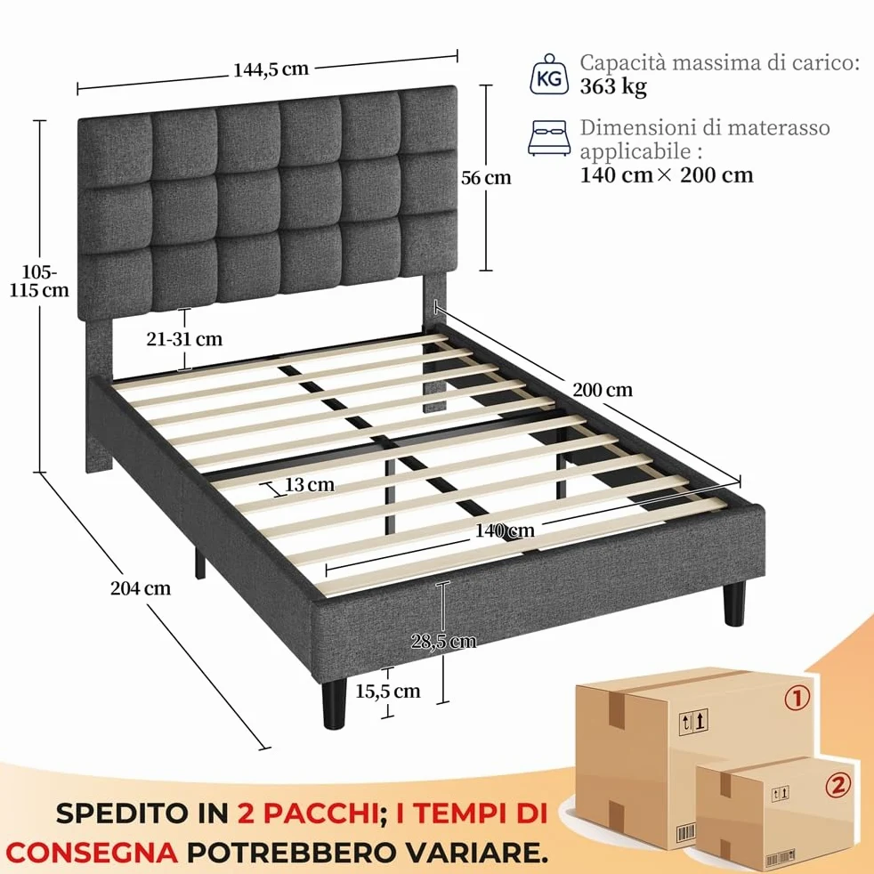 Yaheetech Letto Imbottito 140 x 200 cm con Testiera Quadrata Altezza Regolabile Doghe in Legno Grigio Scuro