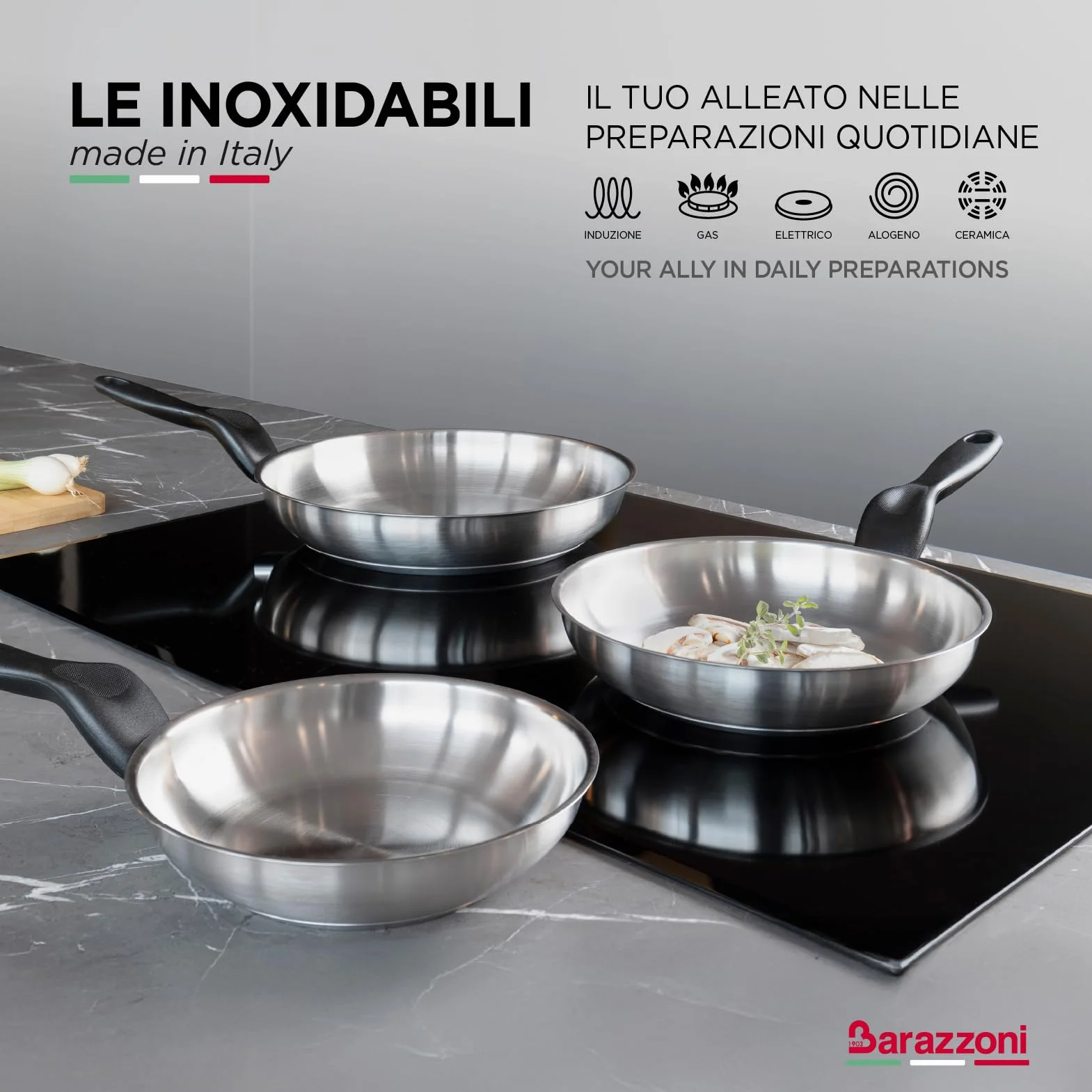 Barazzoni Le Inoxidabili Padella 24 cm Acciaio Inox 18/10 Induzione Gas Triplo fondo PFAS free