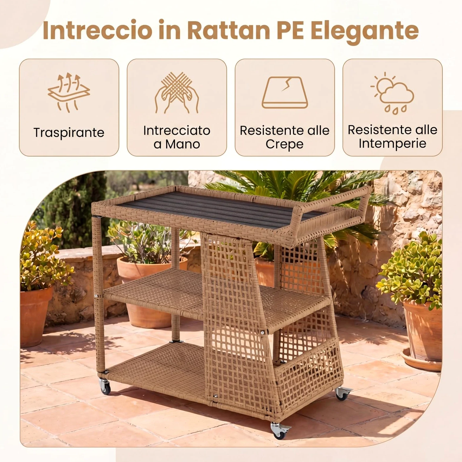 SOARS Carrello Bar in Rattan, Carrello Portavivande con 3 Ripiani Aperti e 4 Ruote, Maniglia Ergonomica, Moderno Carrellino Servizio Esterno Interno per Giardino, Terrazzo, Cucina, 98 X 54 X 92 CM