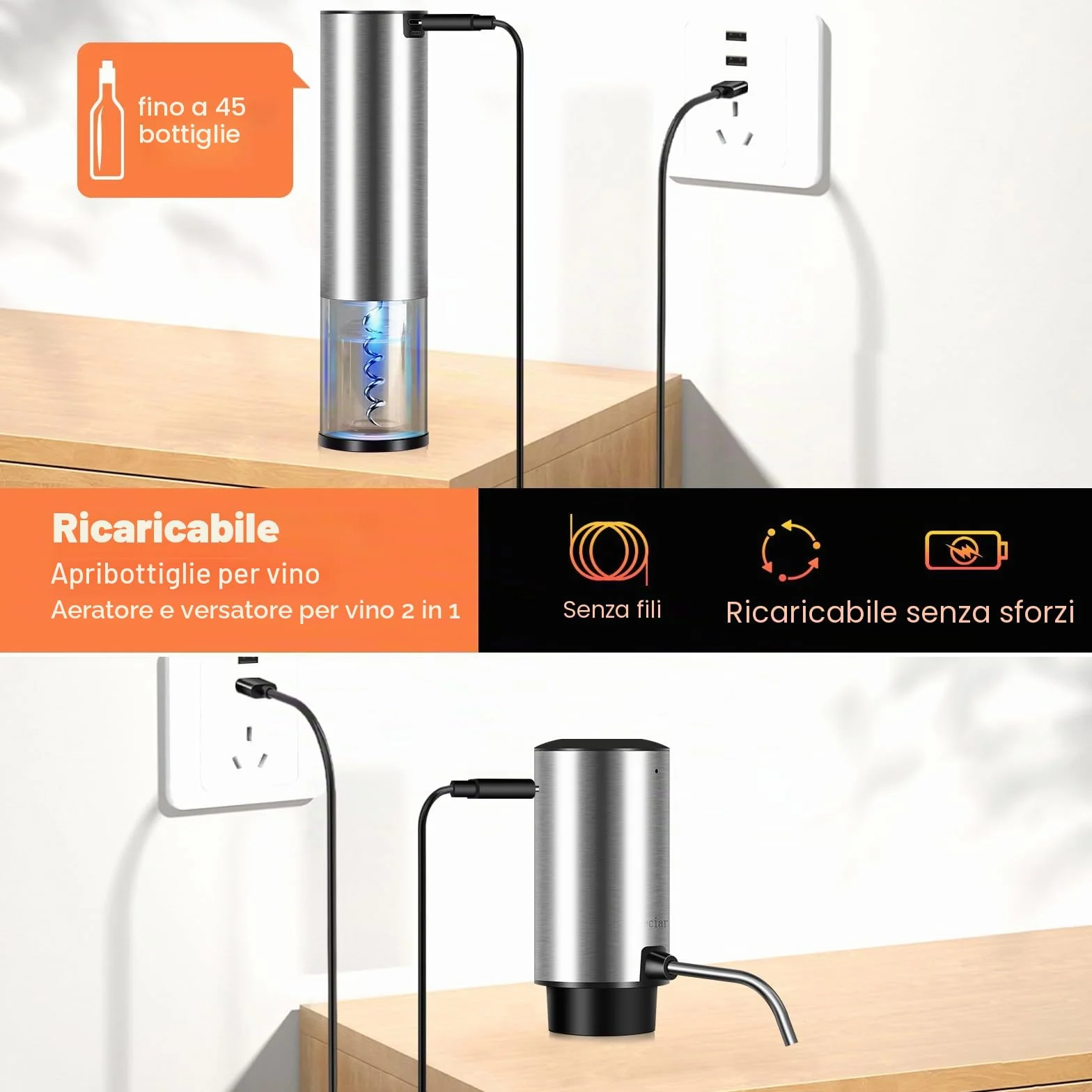 Cavatappi Professionale Elettrico per Vino, Apribottiglie 4 in 1 Ricaricabile con Versatore Automatico, Taglierina per Lamine, Tappi Sottovuoto