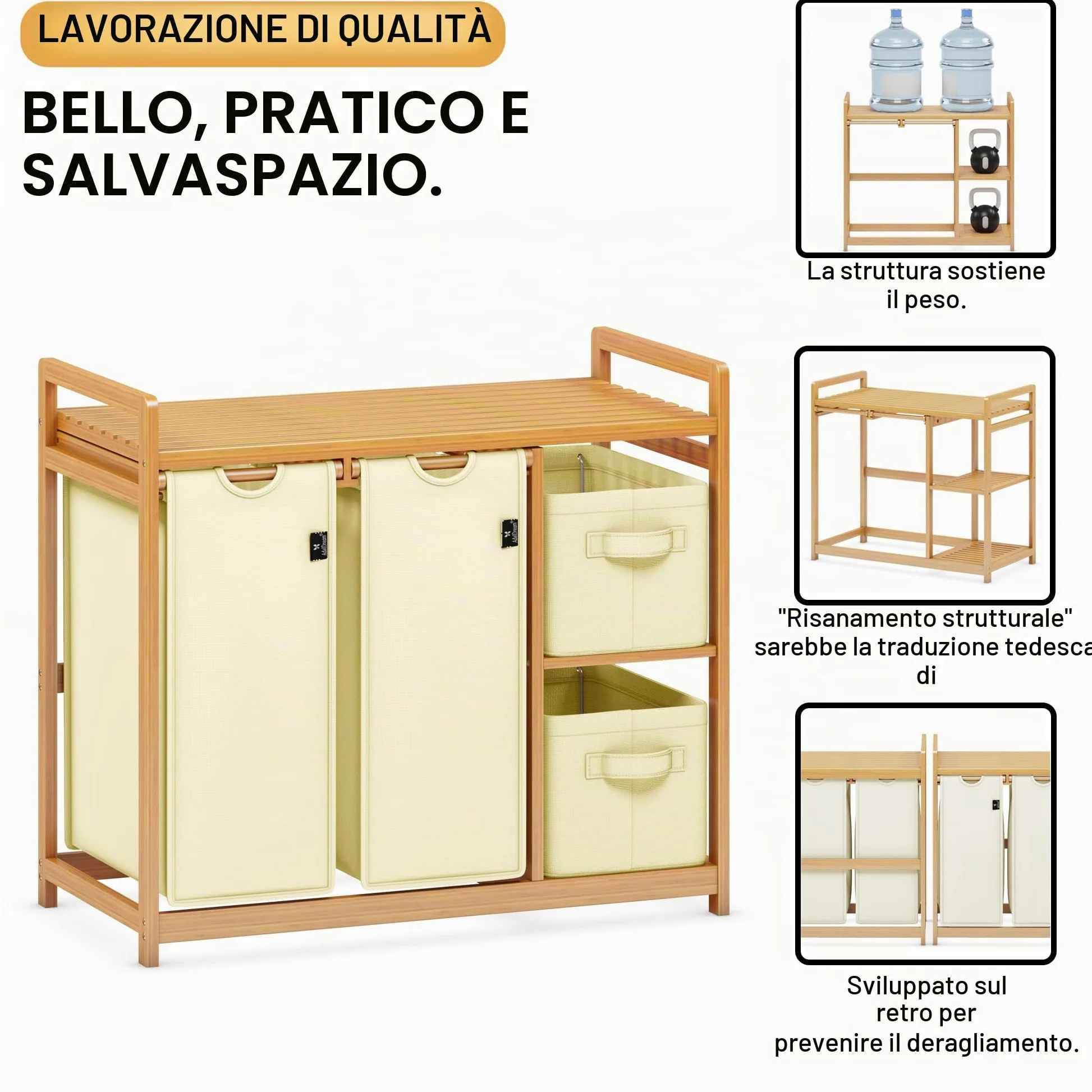 AdelDream B0FCXLP1 - Cesto portabiancheria a 4 scomparti, 140 l, con cestino, con 2 sacchetti per la biancheria e 2 scatole di stoffa con ripiano, in bambù, per la biancheria, colore: Beige