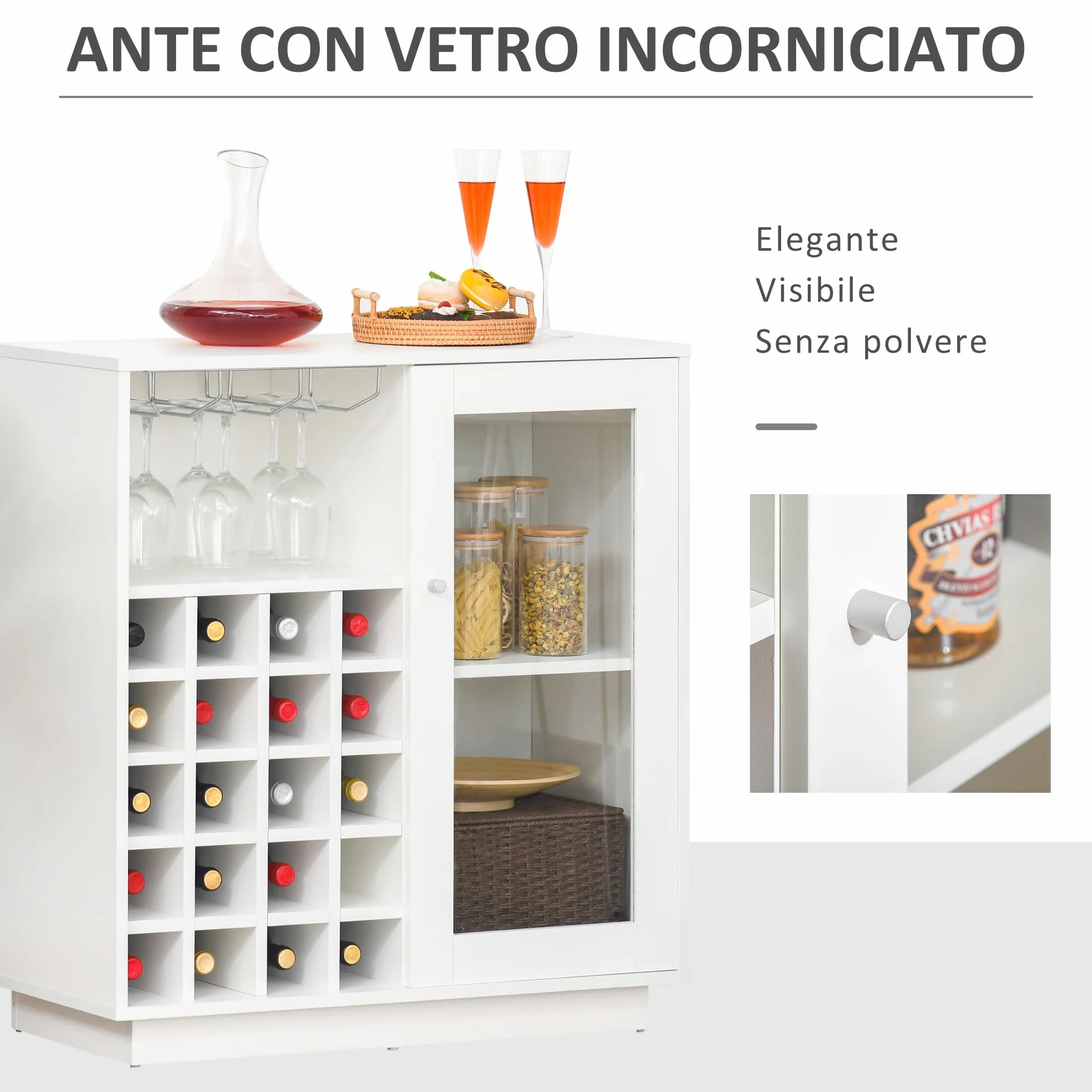 HOMCOM Mobile Portabottiglie per 20 Bottiglie, Porta Vini con Anta in Vetro, Cantinetta Portabottiglie con Porta Calici e Armadietto, 80x36x85 cm, Bianco