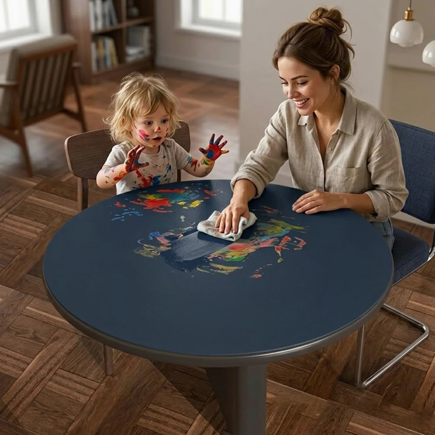 Reversibile Tovaglia Rotonda 120/180/160/140 cm Copritavolo Rotondo Impermeabile in Pelle Sintetica 2mm Spessore Protezione Tavolo per Sala da Pranzo Cucina Scrivania(Grey*Black,120cm)