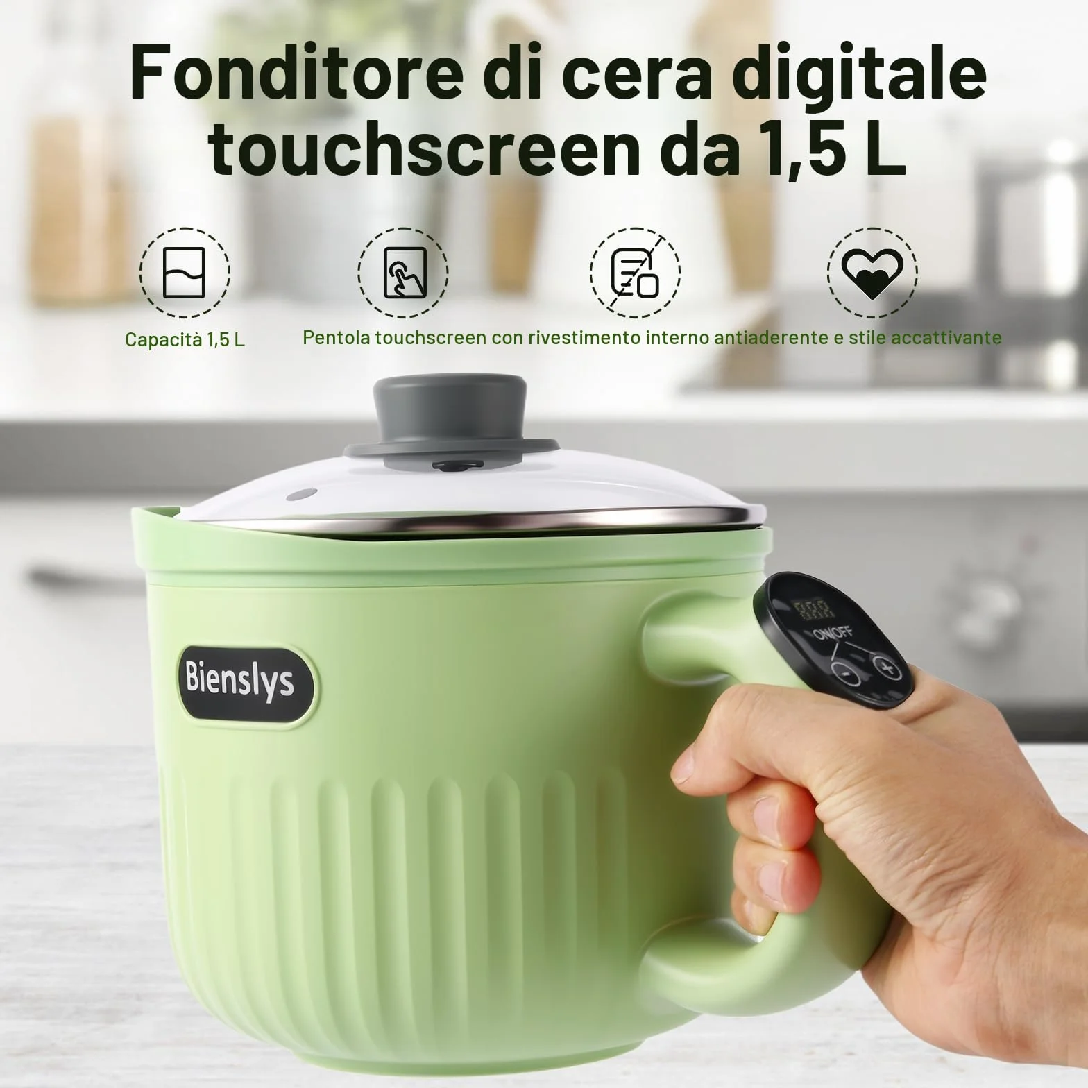 Bienslys Pentola sciogli cera elettrica 1,5 L touchscreen digitale antiaderente controllo temperatura