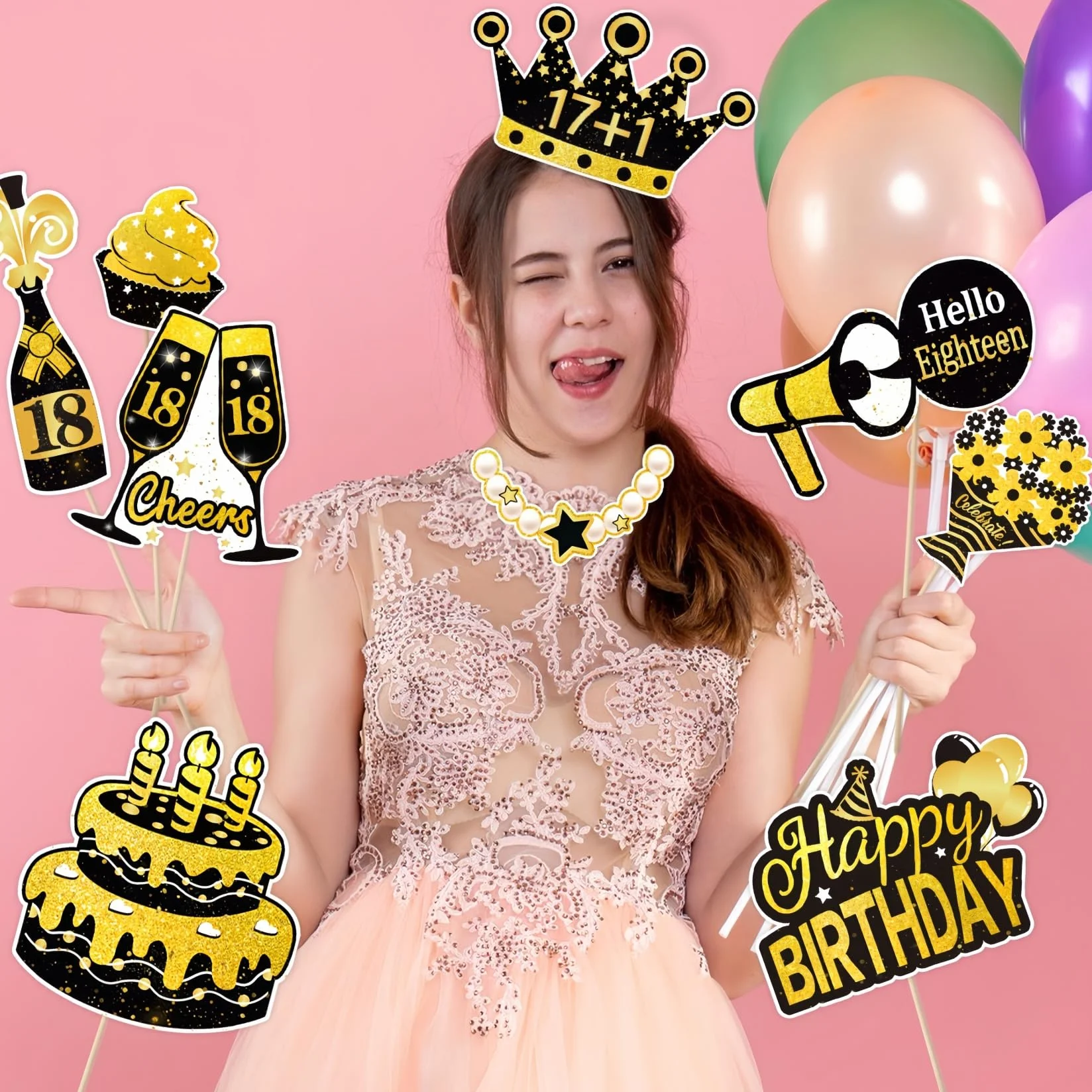Photo Booth Compleanno 18 anni, 30 Pezzi Foto Props per Feste e Compleanni con Nero Oro, Spiritosi Fai da Te Gadget 18 anni Ragazza Ragazzo per Invitati (18th)