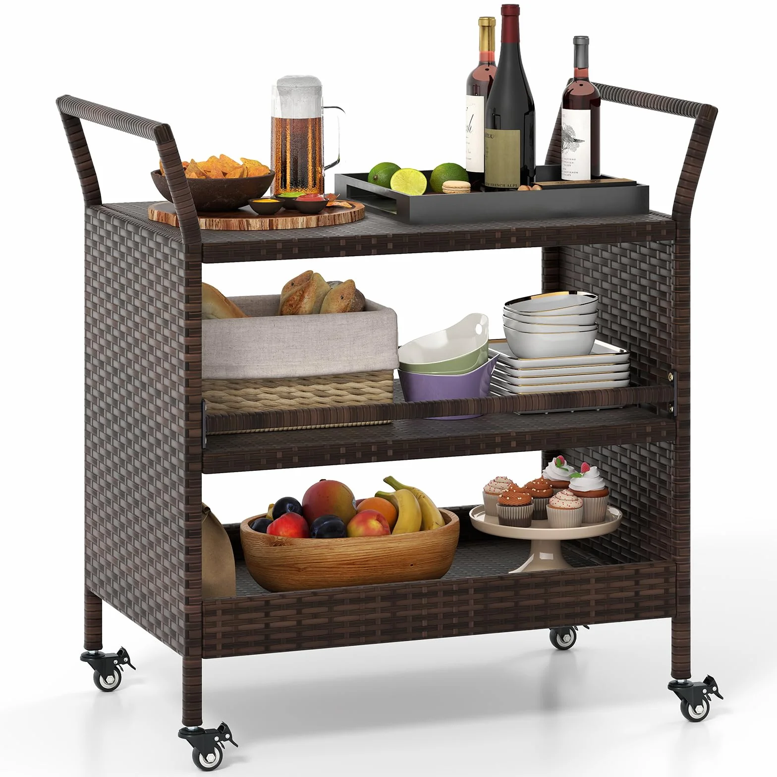 COSTWAY Carrello da Bar da Esterno, Mensola di Stoccaggio in Vimini con 3 Livelli Ruote e Maniglie Laterali, Tavolino da Servizio per Giardino Bordo Piscina Veranda, 86 x 50 x 89 cm