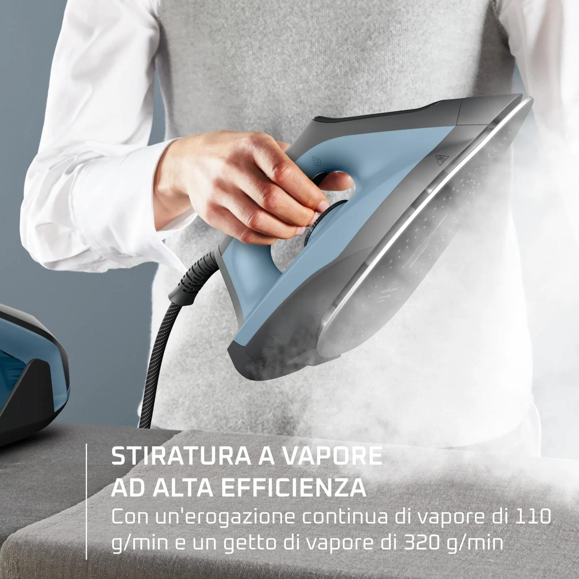 Rowenta Force Pro 300, Ferro da Stiro con Generatore di Vapore 320 g/min, Alta Pressione 6.1 Bar, -25% di Consumo Energetico in Modalità Eco, Funzione Verticale, 2400W, VR5431, Color Acqua