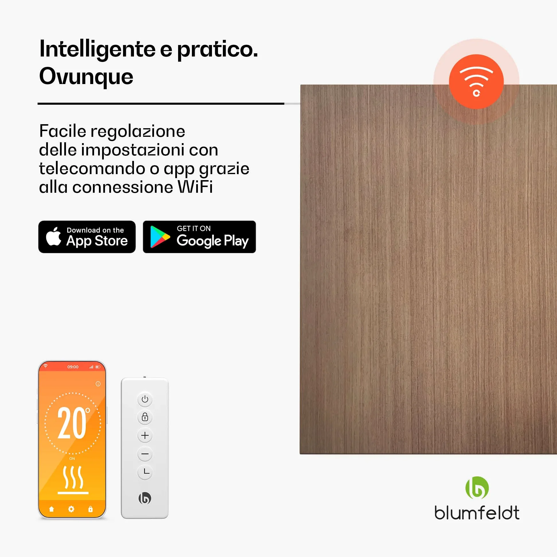 Blumfeldt - Pannello Radiante a Infrarossi, 350W – Montaggio a Parete, Controllo WiFi, IP44, Termostato Integrato, Timer 24h, Efficienza Energetica del 99%, Design in Legno, per Riscaldamento Rapido