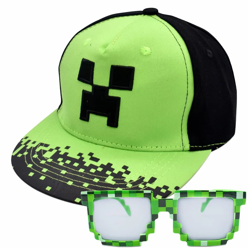 Minecraft Cappellino Baseball 2PCS Cappello da Sole Occhiali da Sole Berretto Cartoni Protezione Solare Cotone Regolabile Set Bambini