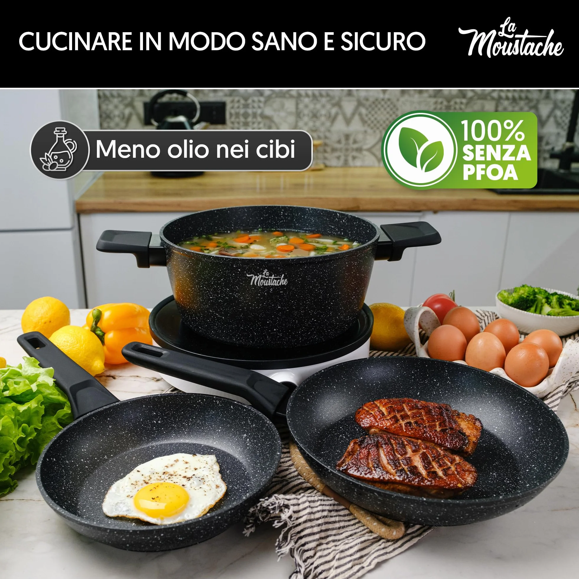La Moustache Batteria di Pentole 8 Pezzi a Induzione in Alluminio Antiaderente Set Casseruole Coperchi Padelle Manici Bakelite Onix