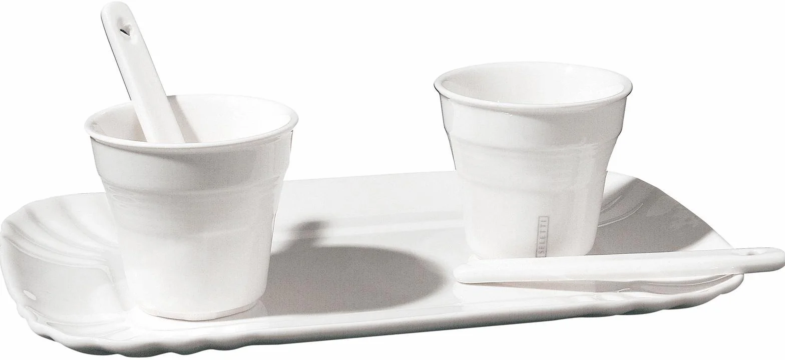 Set: 2 Bicchierino Caffe'+2 Palettine+1 Vassoio Cm.13X20 in Porcellana