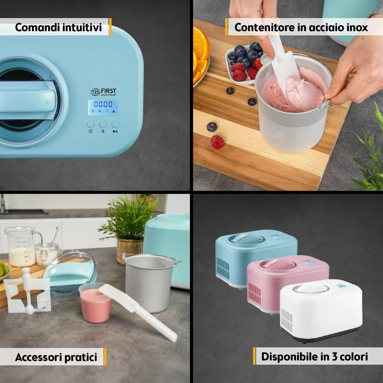 TZS First Austria - Gelatiera 1L con Compressore 3-in-1-100W Macchina per Gelato Autorefrigerante per Frozen Yogurt, Sorbetti e Gelato - Turchese
