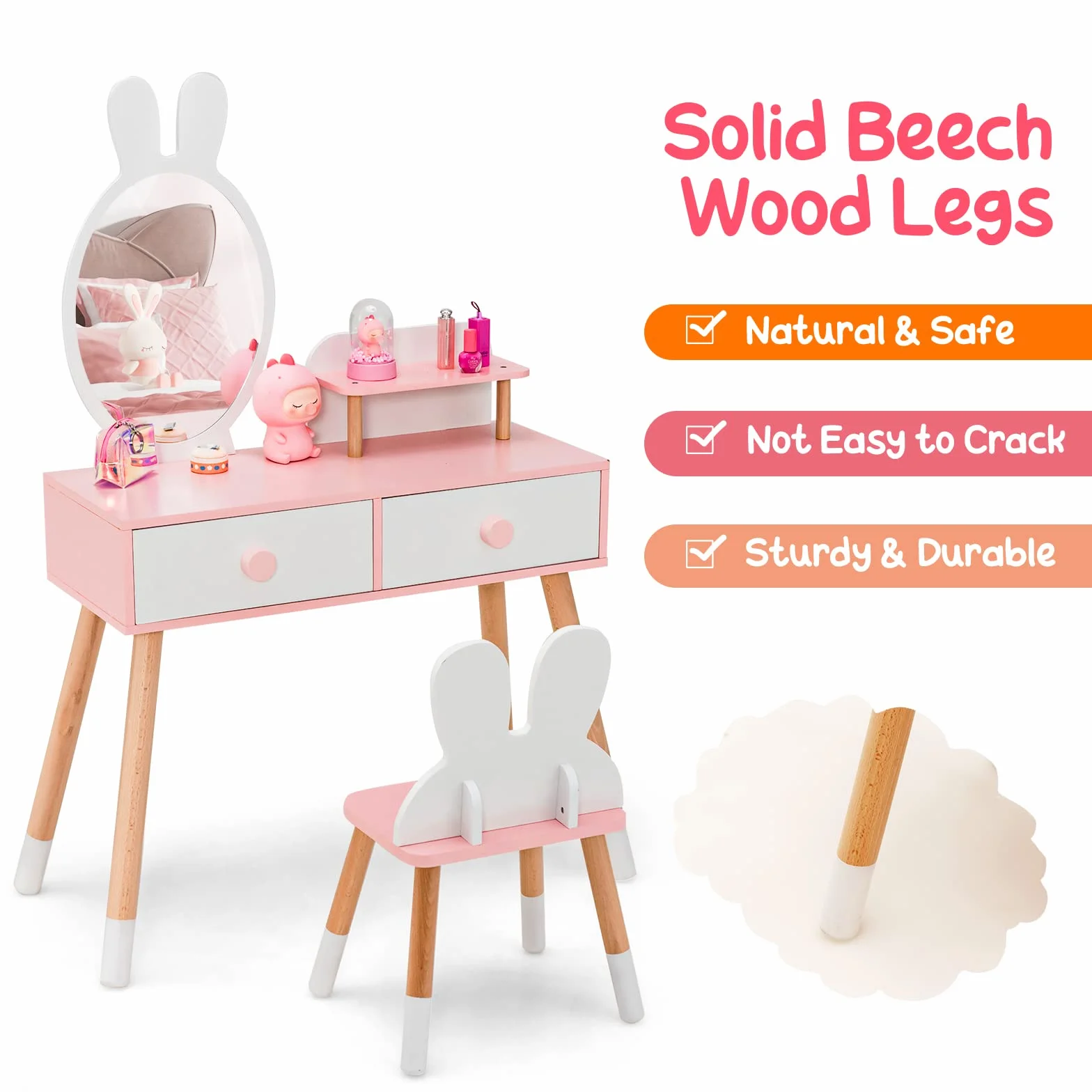 LIFEZEAL Tavolo da toeletta per bambini 2 in 1, specchio di coniglio, parrucchiere per bambini in legno con 2 cassetti e mensola, tavolino con specchio e sgabello per ragazze, tavolo da trucco, sedia