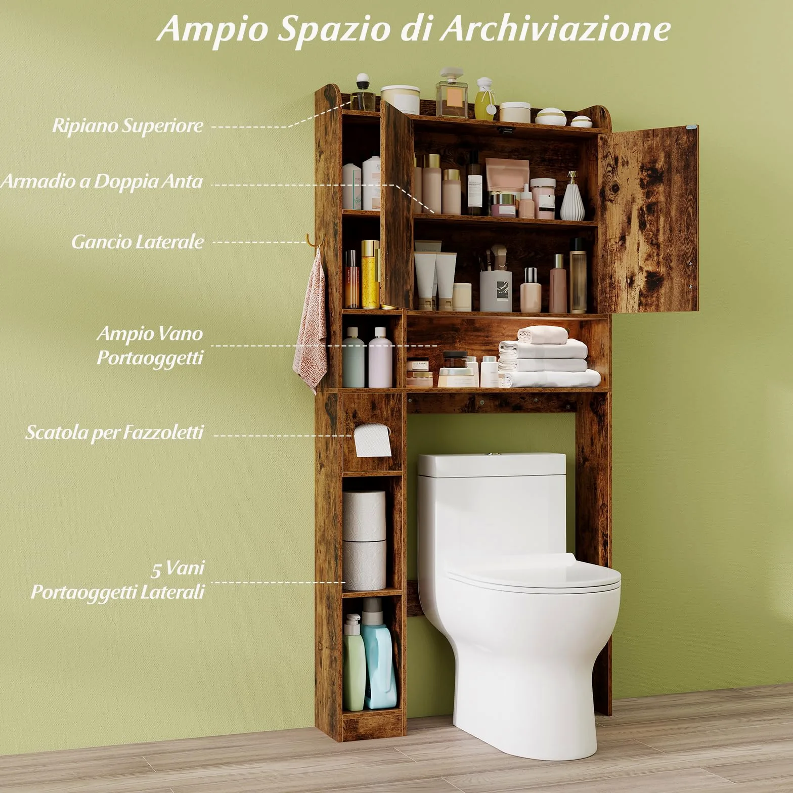 COSTWAY Mobile da Bagno Sopra WC, Scaffale Salvaspazio con Armadietto a 2 Ante, 6 Scomparti Aperti, Porta Fazzoletti, Gancio e Ripiano Regolabile, Mobiletto per Bagno e Lavanderia (Marrone)