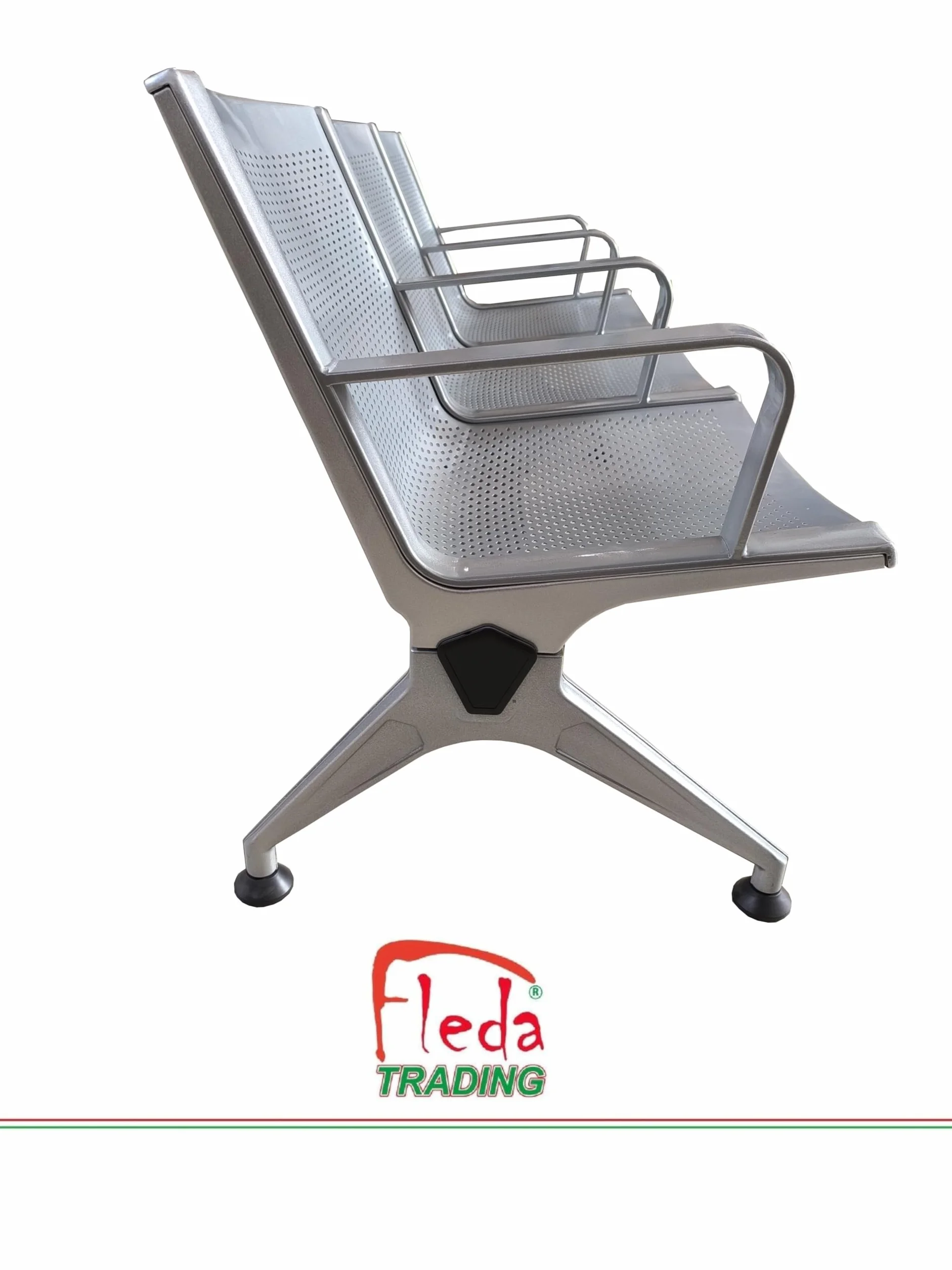 Panca in Metallo per Sala d'Attesa 3 Posti, Sedute Ufficio in Acciaio Verniciato Grigio con Lamiera Traforata Sagomata, Design Elegante e Moderno per Studio Professionale, 175x68x77 cm