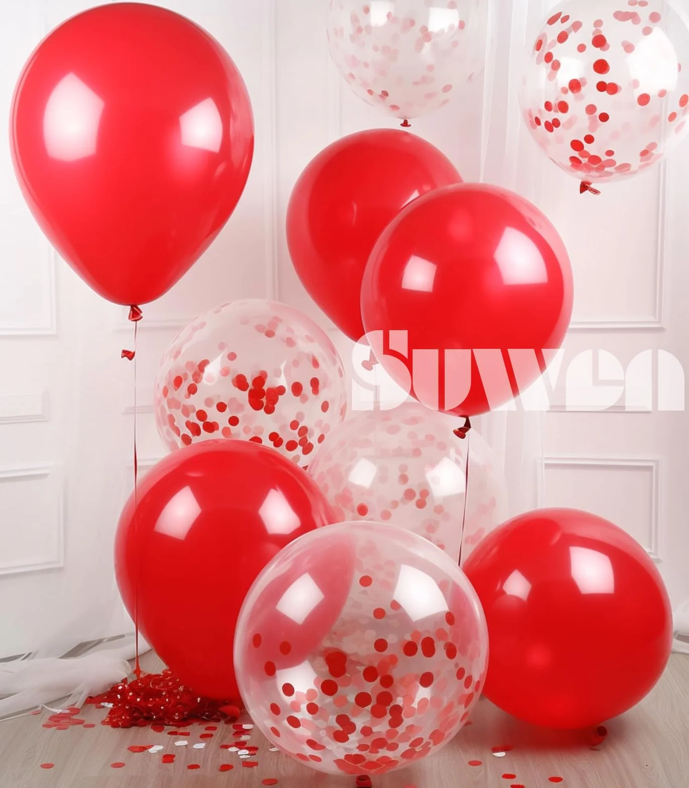SUWEN Palloncini Rossi e Palloncini a Coriandoli Rossi 47 Pezzi 25cm 10 Pollici Adatti ad Elio per Feste Matrimoni Compleanni San Valentino Natale Cerimonie Anniversari