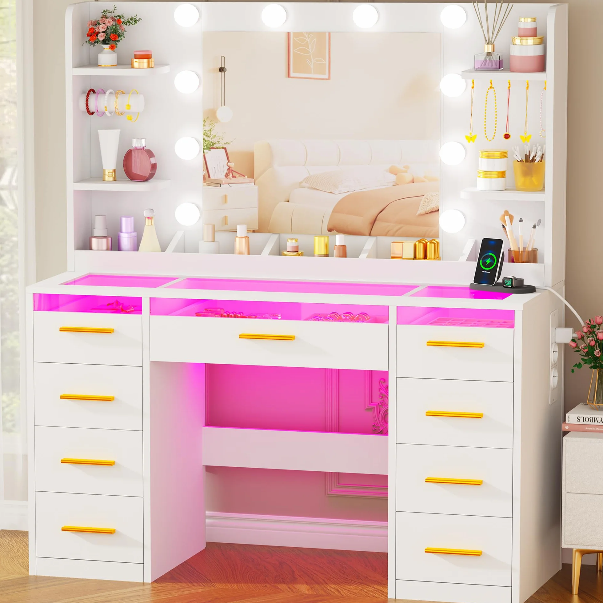 ANWBROAD Grande Toeletta da Trucco con Specchio e Luci RGB, Piano in Vetro | Luminosità Regolabile, Postazione Trucco con Prese 9 Cassetti RGB e 9 Ripiani Aperti Moderno Toletta Trucco Bianco BDT95W