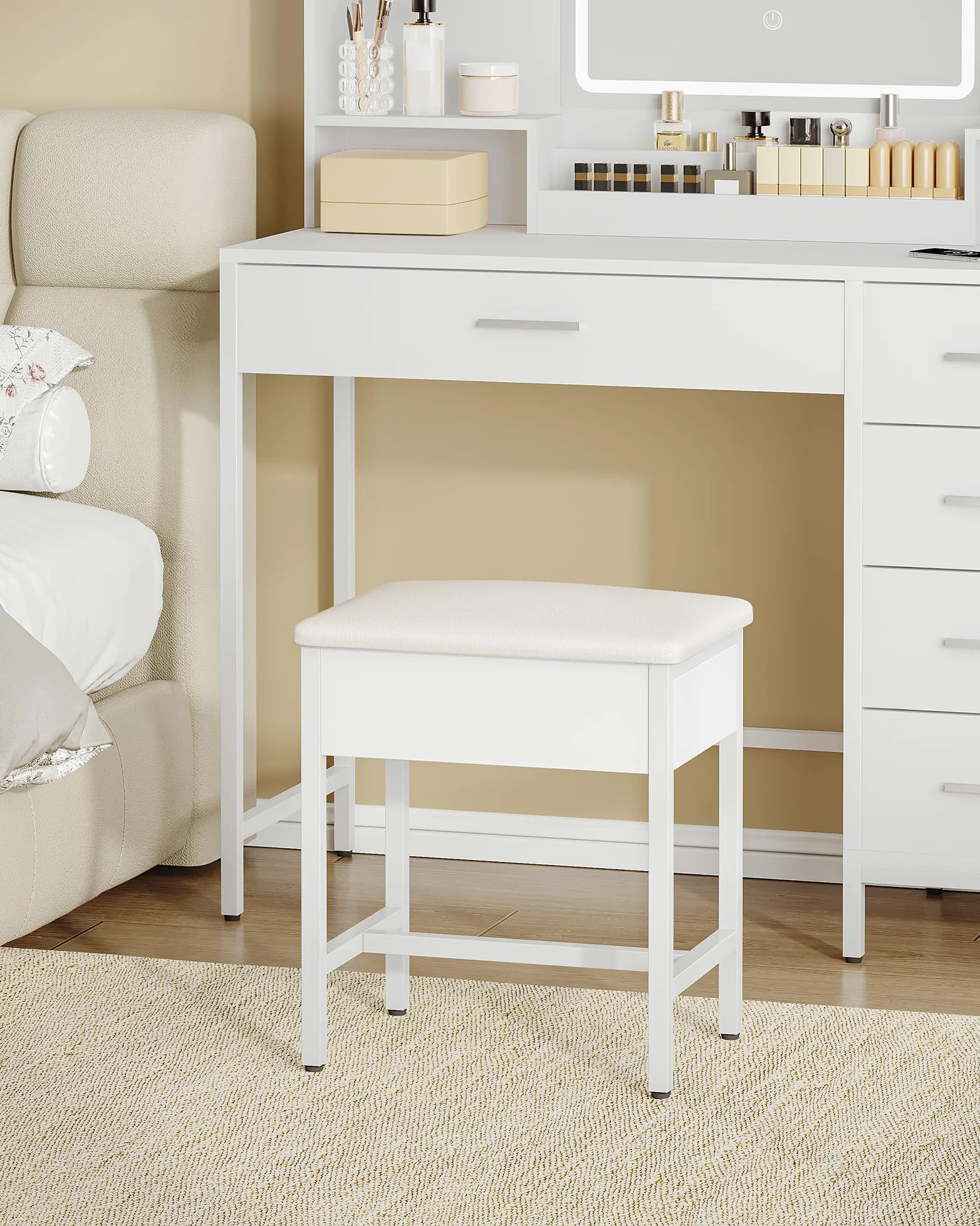 Hzuaneri Sgabello Toeletta Trucco, Sgabello Imbottito Postazione Trucco, Poggiapiedi per soggiorno, Camera da Letto Cabina Armadio Ingresso, 30 x 40 x 46 cm, Bianco VS32503X